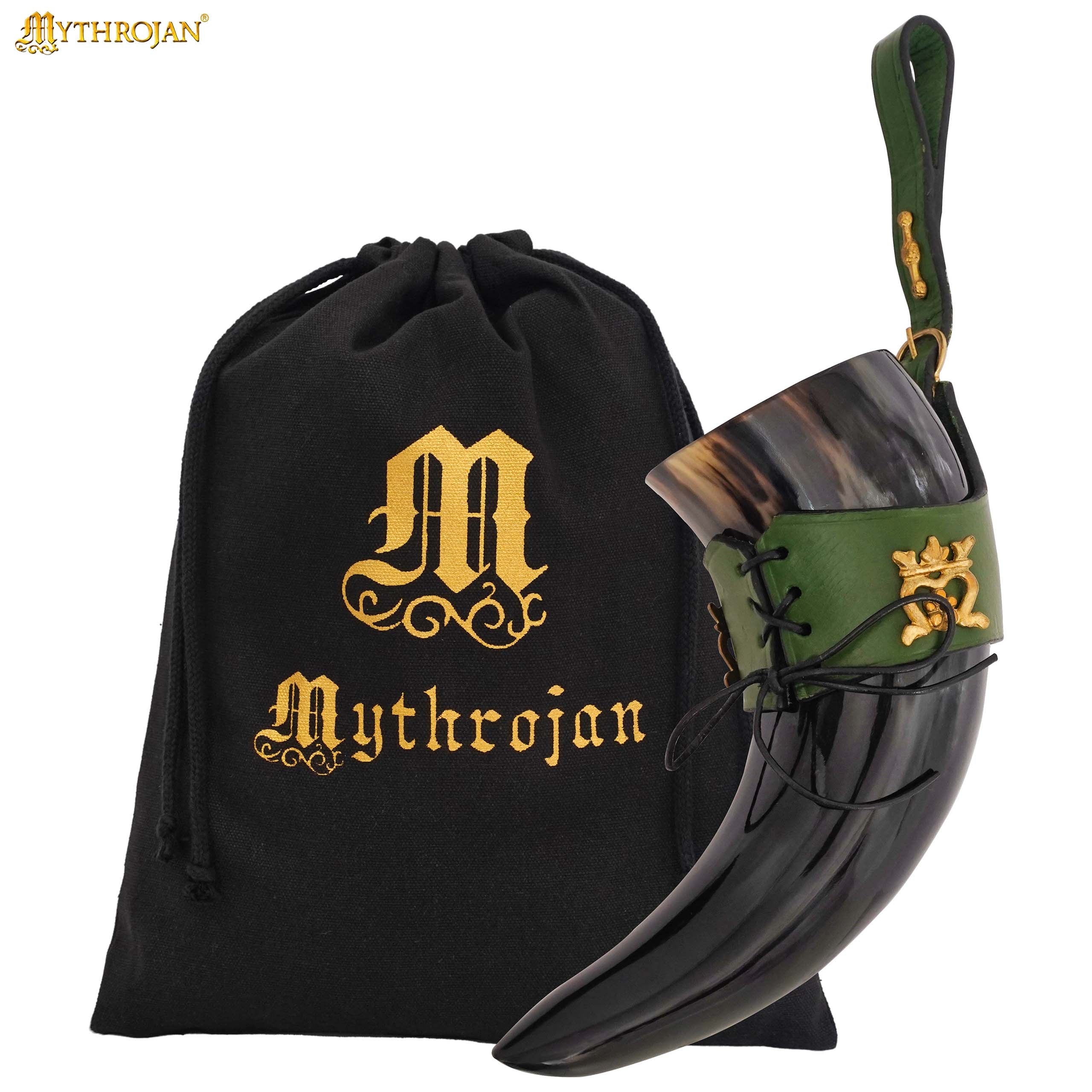 Mythrojan"THE ELEGANT LADY" Viking Drinking Horn with Leather Holder Authentic Medieval Inspired Viking Wine/Mead Mug - Polished Finish - 250 ML / Green