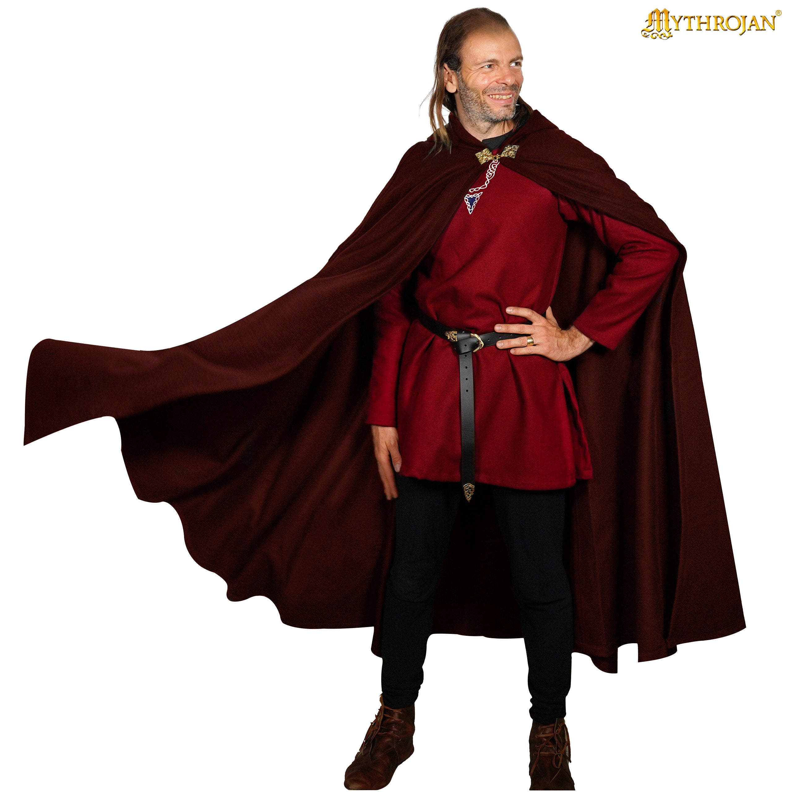 Mythrojan Woolen Hooded Cloak with Delicate Brass Brooch Medieval Wool Cape