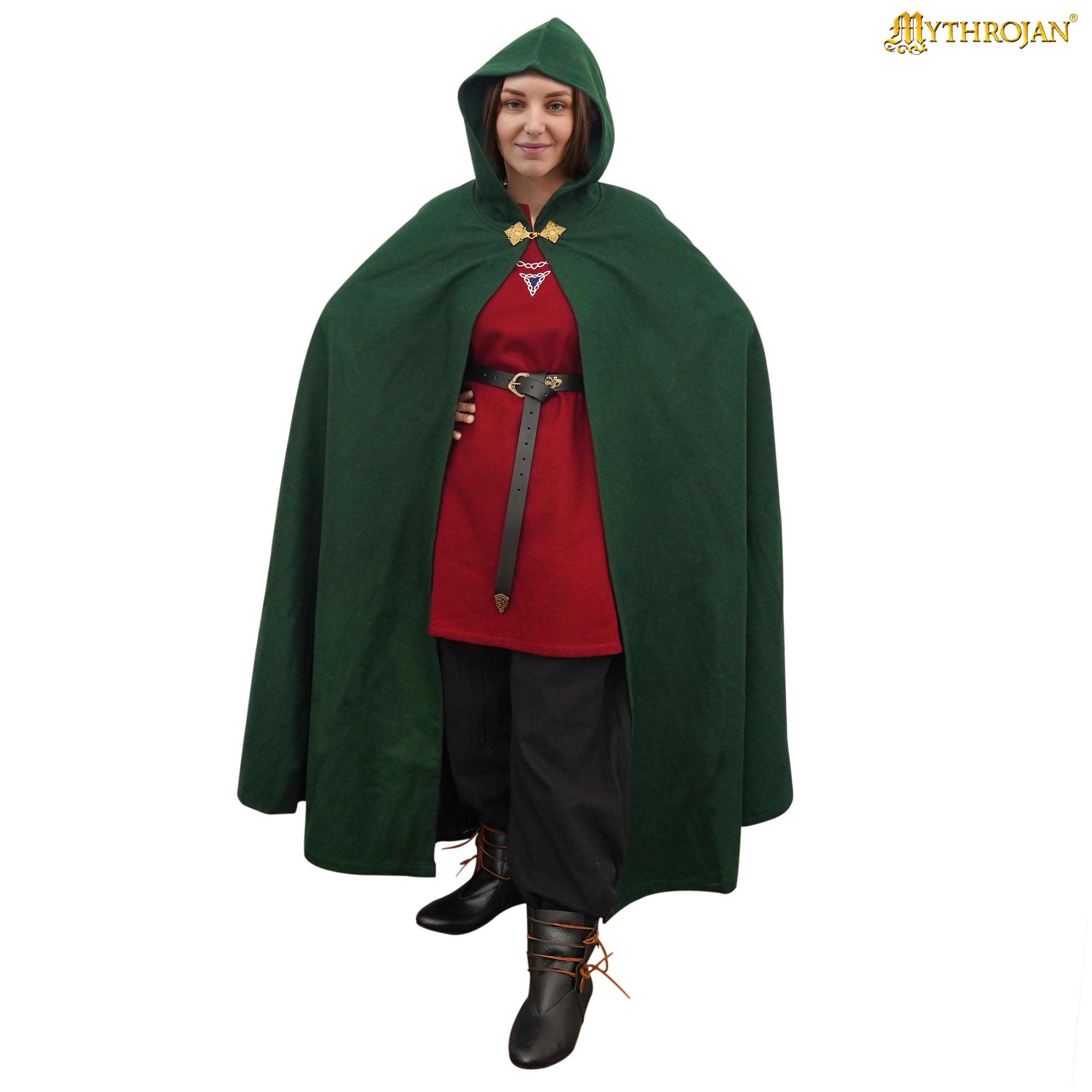 Mythrojan Woolen Hooded Cloak /Cape with BRASS BROOCH Medieval Wool Cape for Ranger LARP SCA Cosplay, Green , Large
