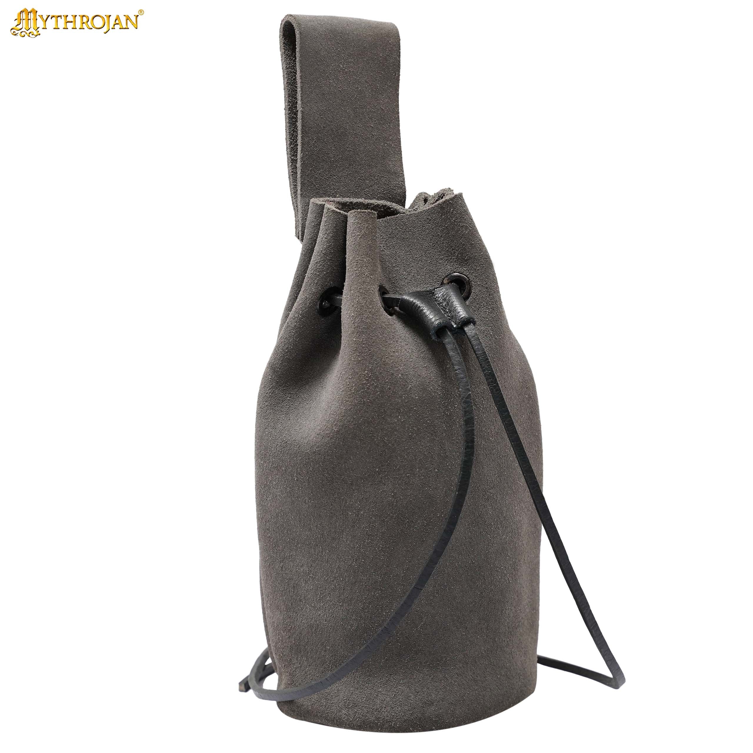 Mythrojan Medieval Drawstring Belt Bag, Ideal for SCA LARP Reenactment & Ren Fair, Suede Leather, Grey, 8”×6.5”