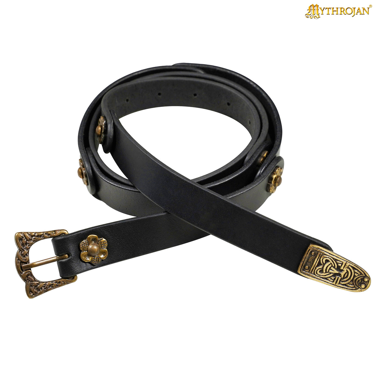 Mythrojan “Laguerta” Viking Leather Belt with Solid Brass historical Buckle and Chape, Ideal for shieldmaiden & warrior in LARP SCA Medieval Reenactment, BROWN