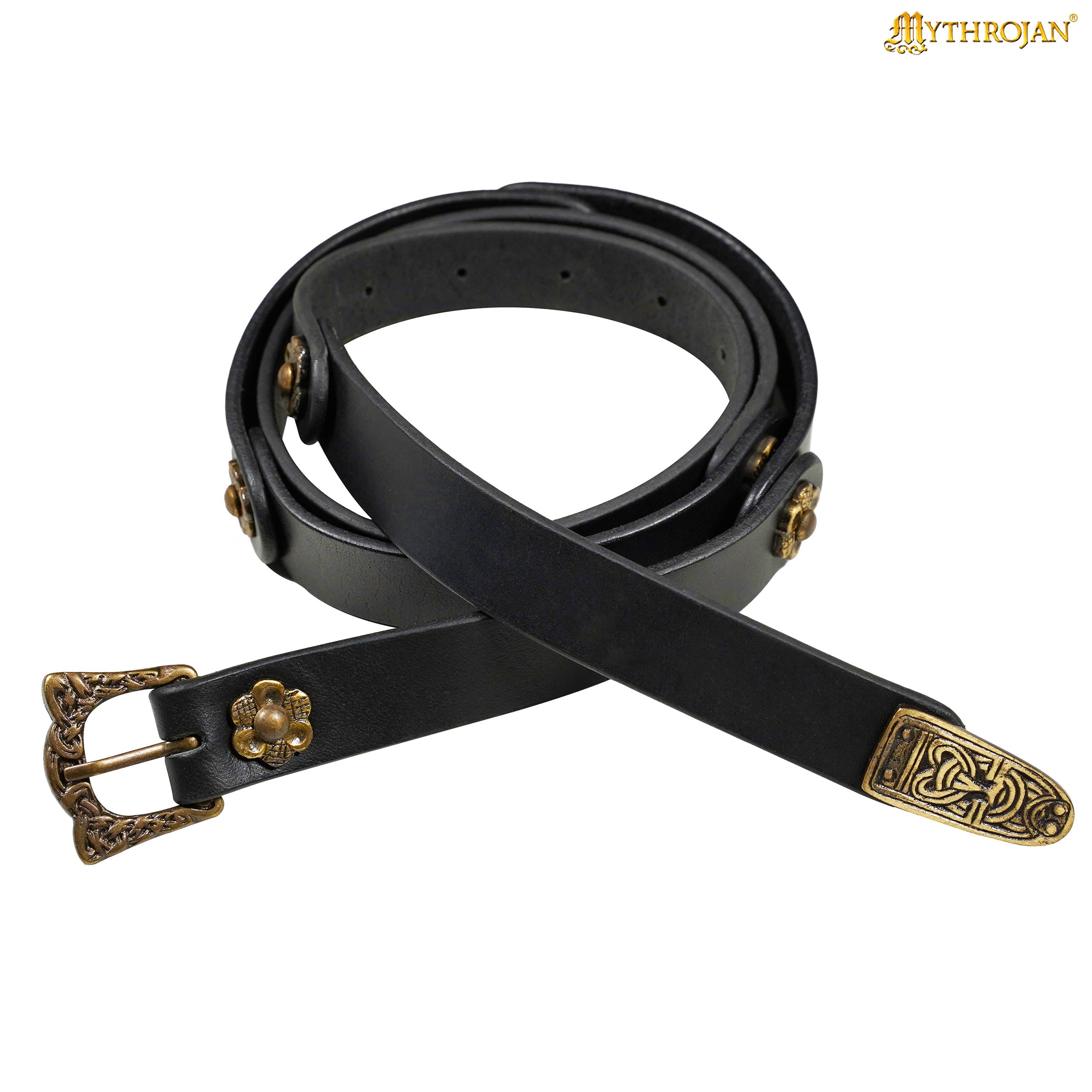 Mythrojan “Laguerta” Viking Leather Belt with Solid Brass historical Buckle and Chape, Ideal for shieldmaiden & warrior in LARP SCA Medieval Reenactment, BLACK