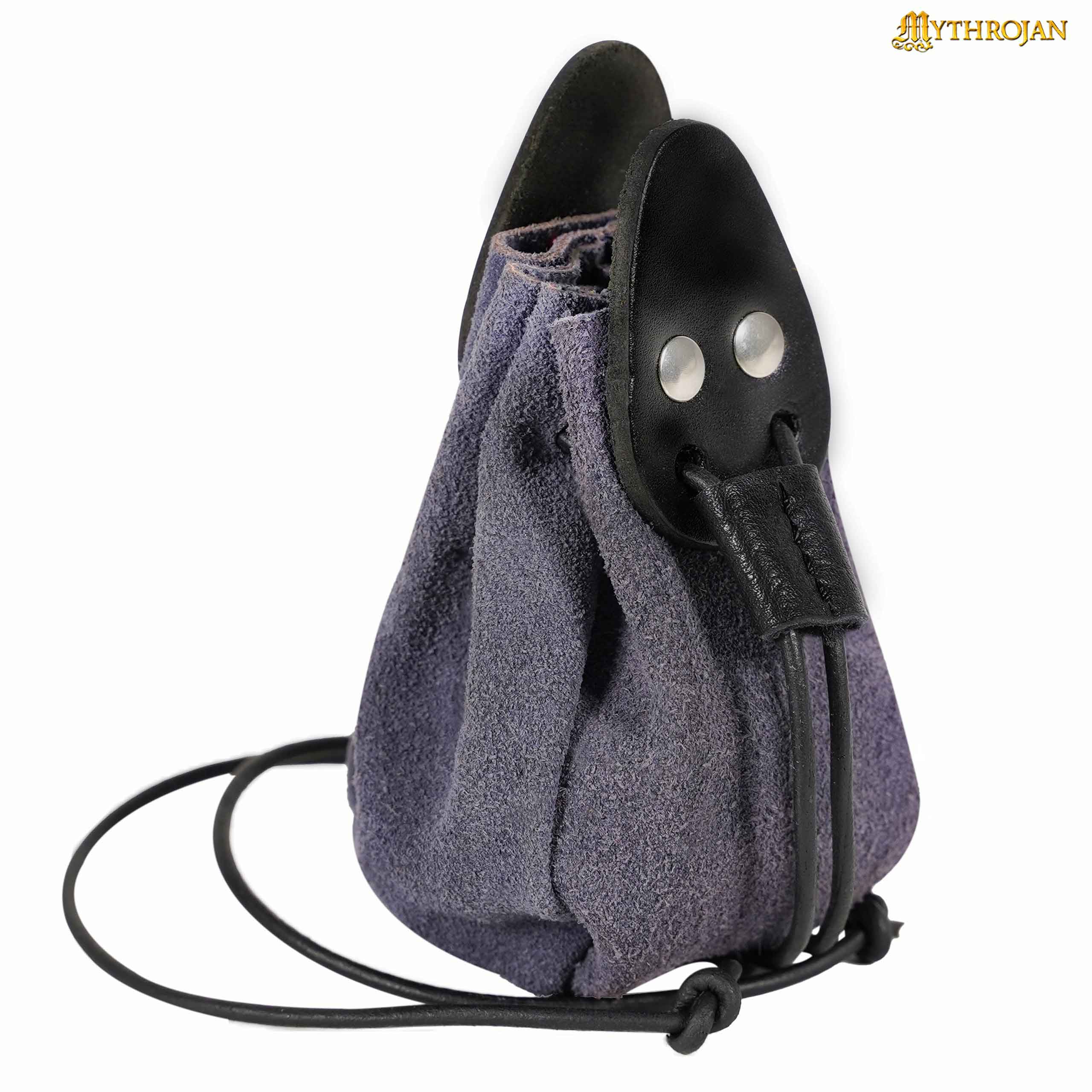 Mythrojan “Gold and Dice” Drawstring Pouch, ideal for SCA LARP reenactment & Ren fair-Suede Leather Pouch, Black and Dark Blue, 4”