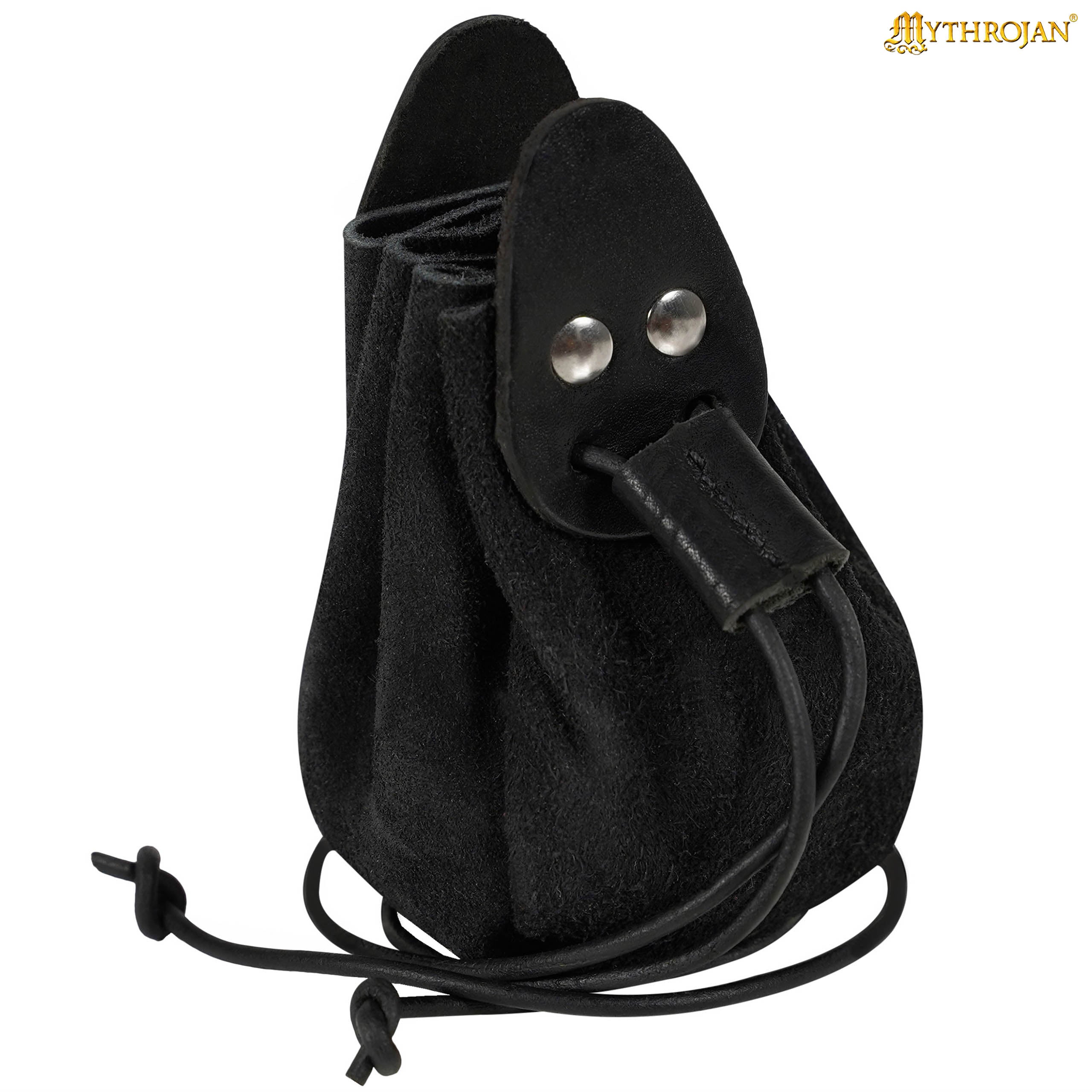 Mythrojan “Gold and Dice” Drawstring Pouch, Ideal for SCA LARP Reenactment & Ren fair - Suede Leather Pouch, Black, 4