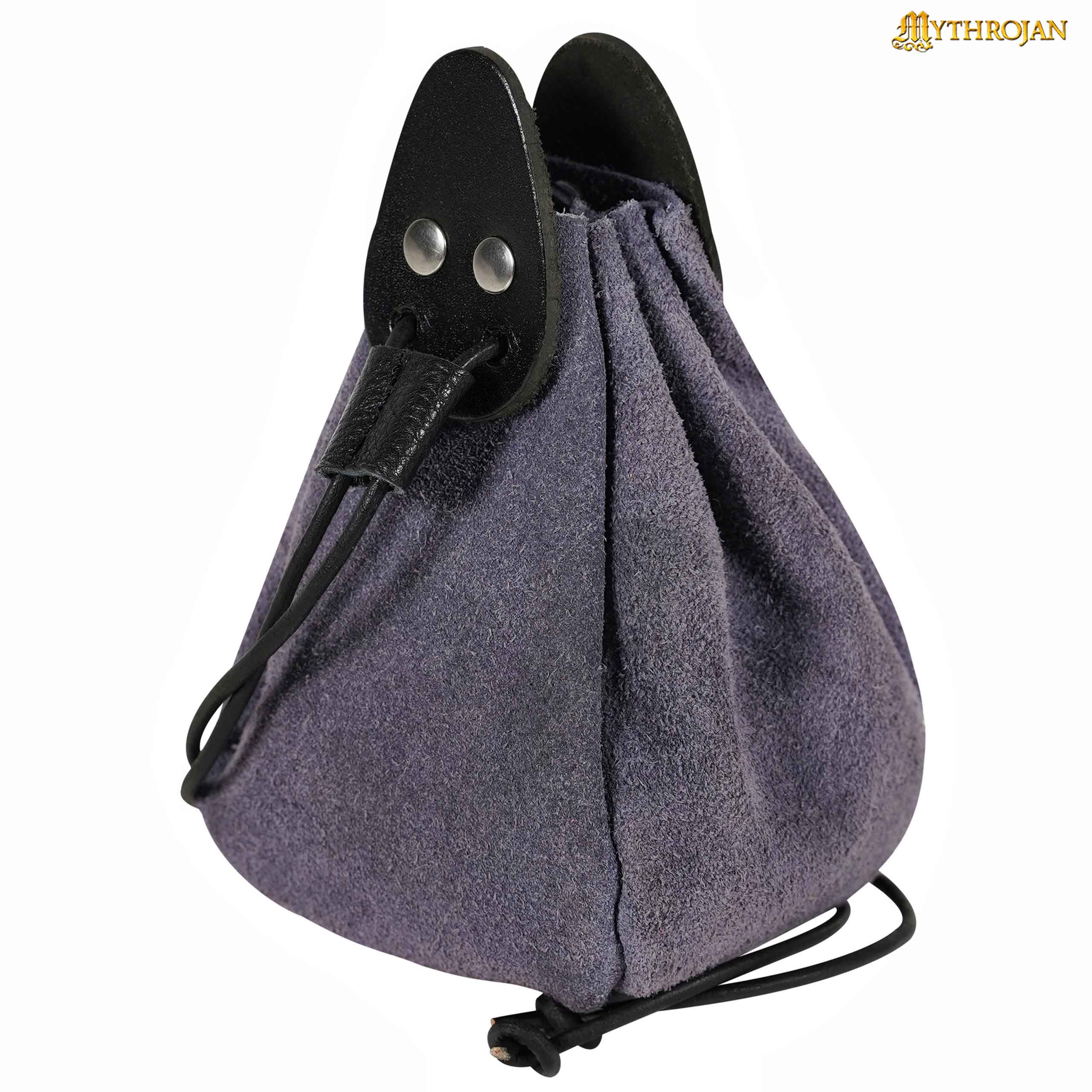 Mythrojan “Gold and Dice” Drawstring Pouch, ideal for SCA LARP reenactment & Ren fair-Suede Leather Pouch, Black and Dark Blue, 6