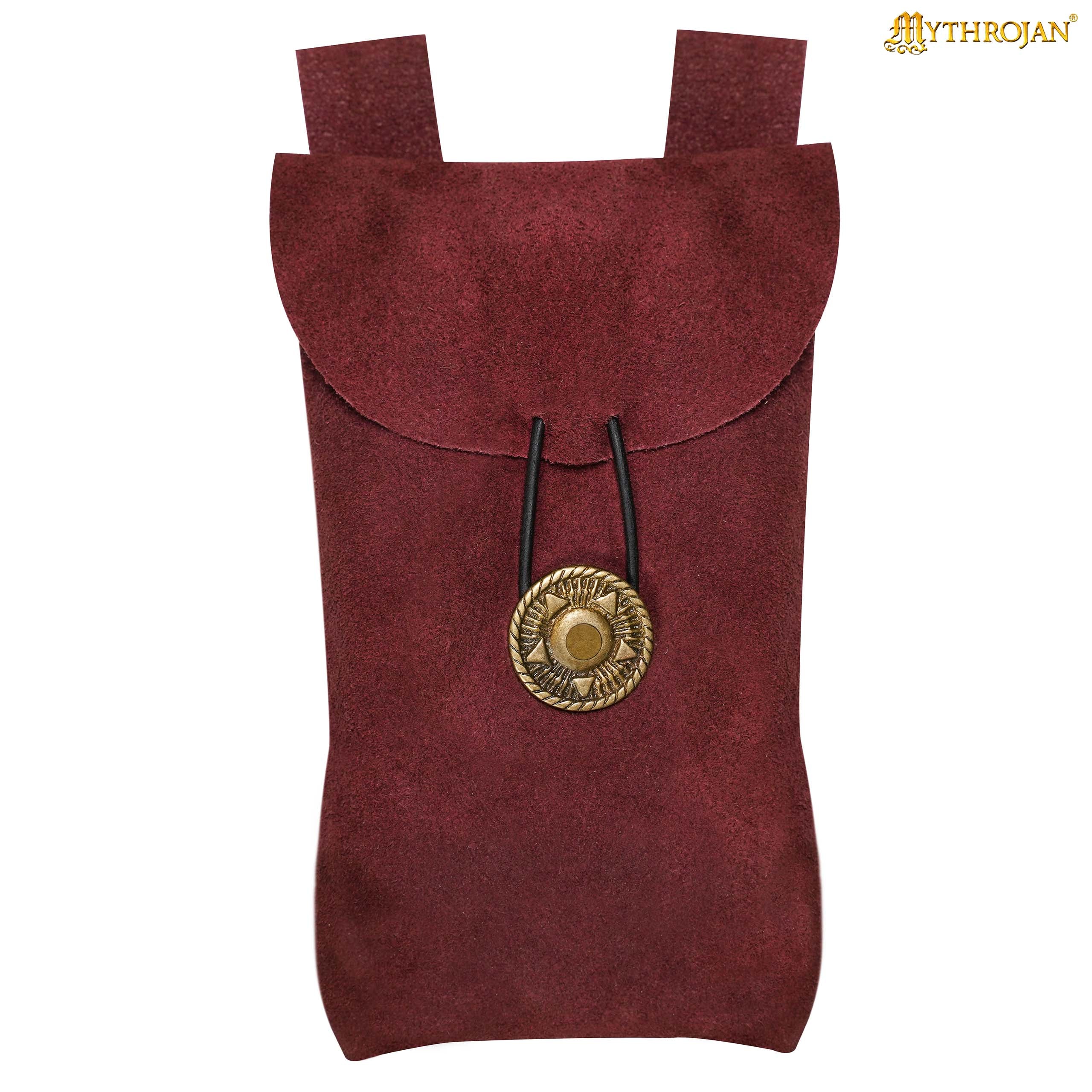Mythrojan Suede Belt Bag, Ideal for SCA LARP Reenactment & Ren fair, Suede Leather, Wine Red , 7.2 ”× 4.7 ”