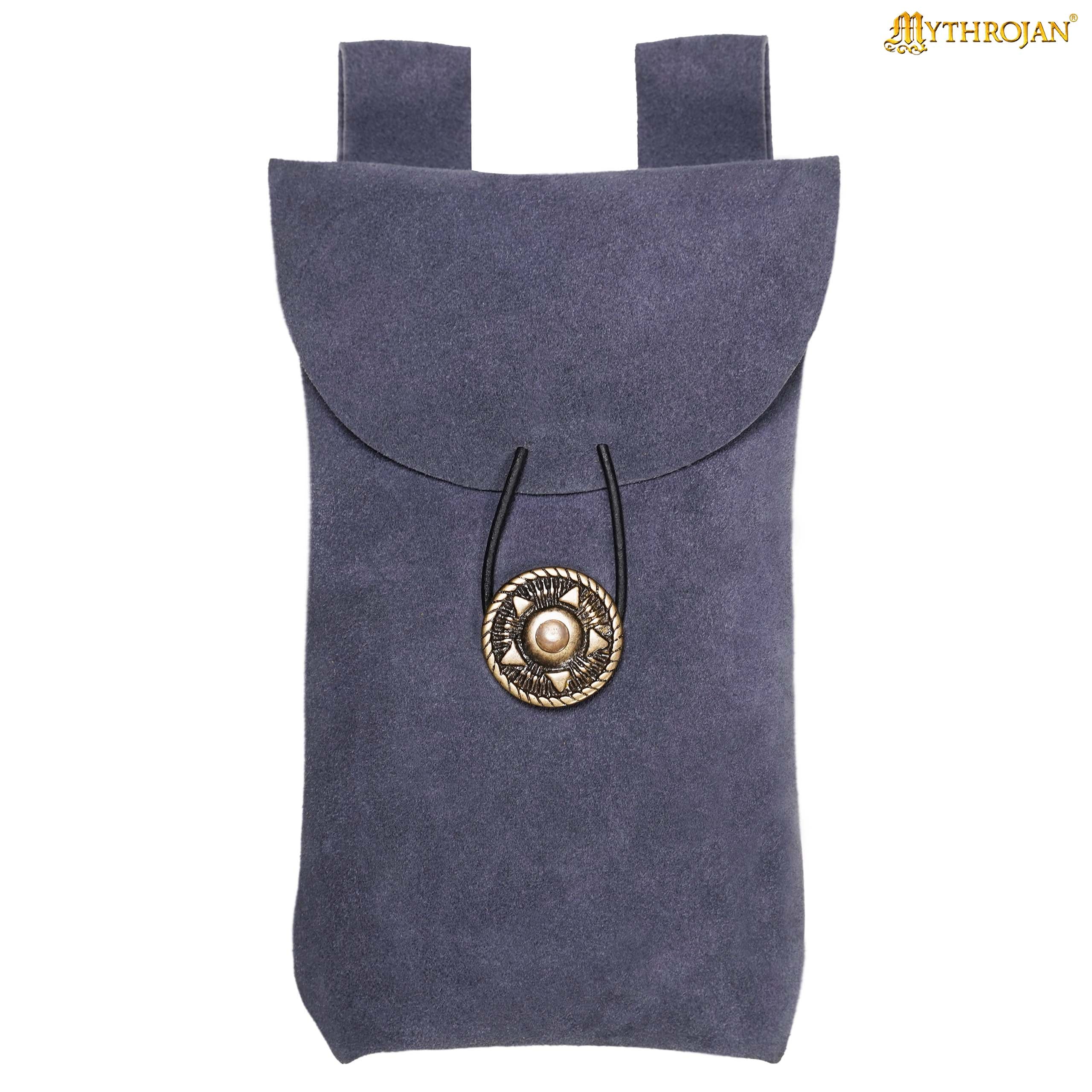 Mythrojan Suede Belt Bag, Ideal for SCA LARP Reenactment & Ren fair, Suede Leather, Dark Blue , 7.2 ”× 4.7 ”