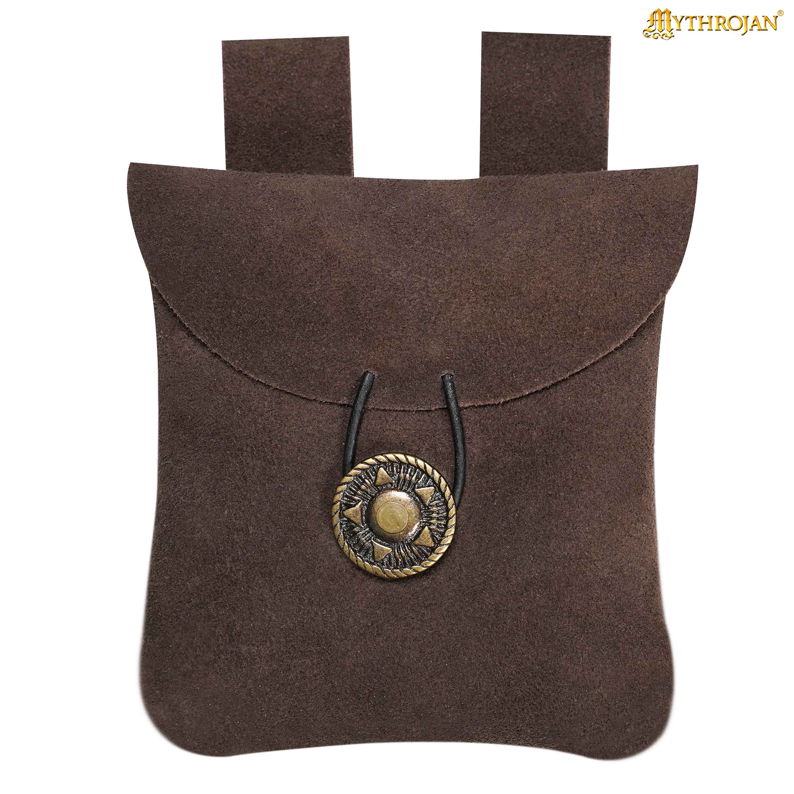 Mythrojan Suede Belt Bag, ideal for SCA LARP reenactment & Ren fair, Suede Leather, Chocolate Brown, 5.5”×5.1”