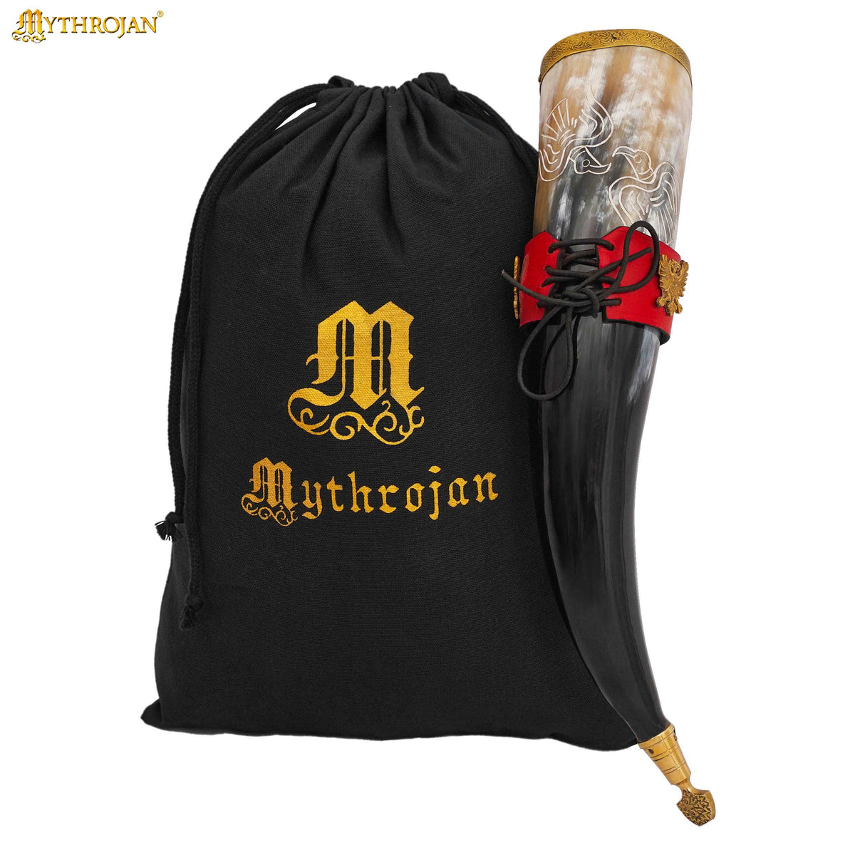 Mythrojan The Bird of Prey Viking Drinking Horn with Black Leather Holder Authentic Medieval Inspired Viking Wine/Mead Mug - Polished Finish