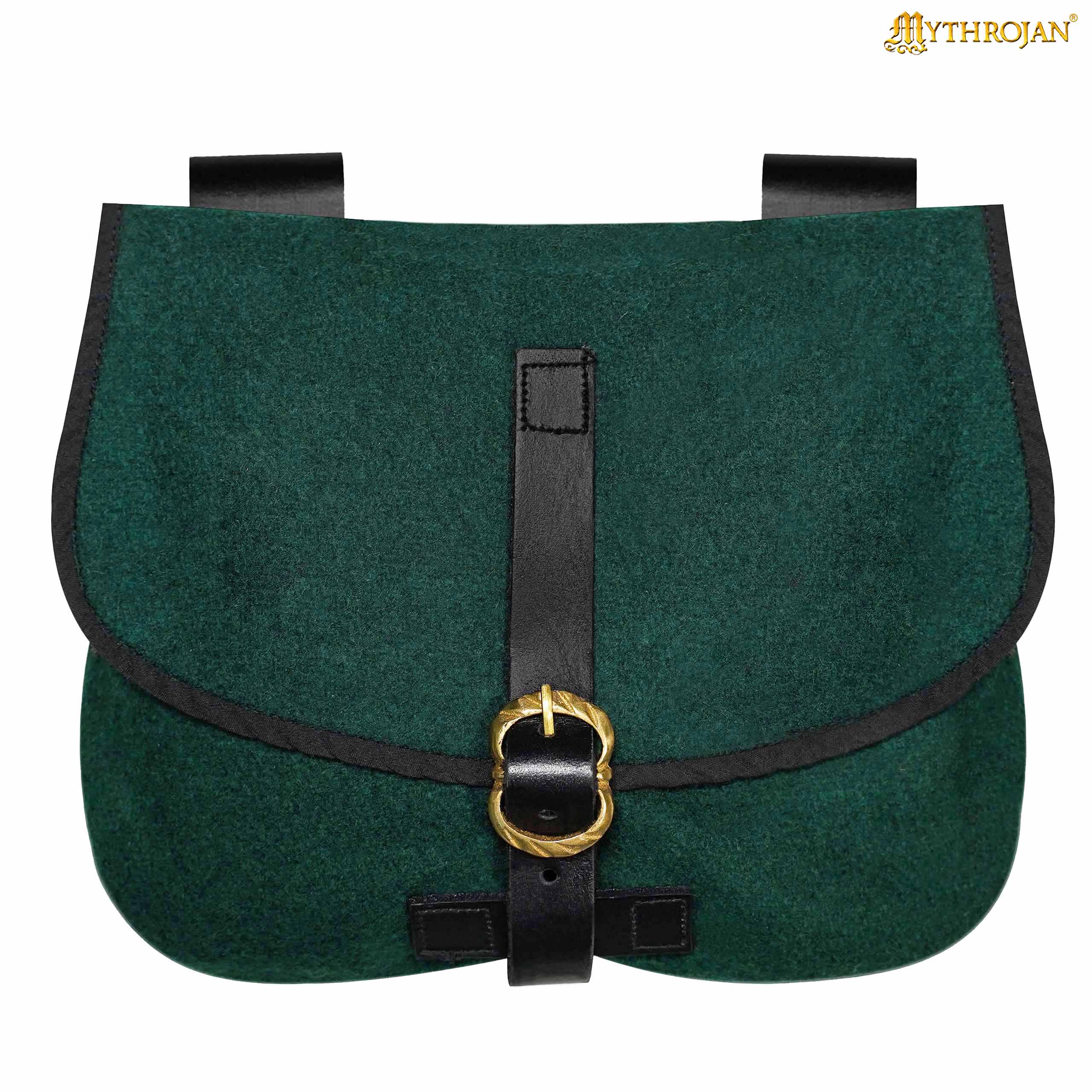 Mythrojan Late Medieval Belt Bag, Ideal for SCA LARP Reenactment & Ren fair, Full Grain Leather and Wool , Green , 6.2 ”× 7 ”