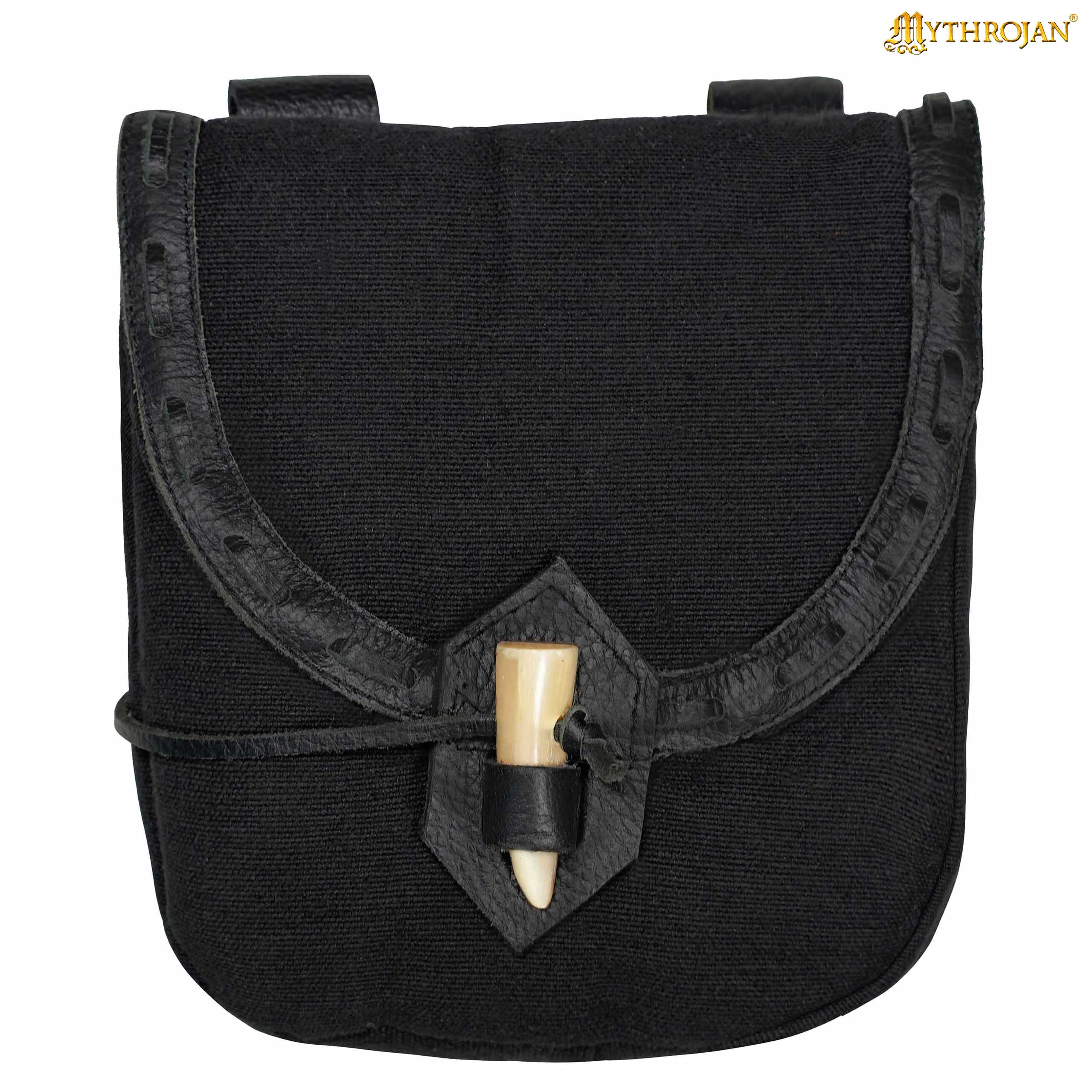 Mythrojan “The Adventurer’s” Belt Bag with Horn Toggle, Ideal for SCA LARP Reenactment & Ren fair, Full Grain Leather and Handwoven Canvas , Black , 8” × 7”