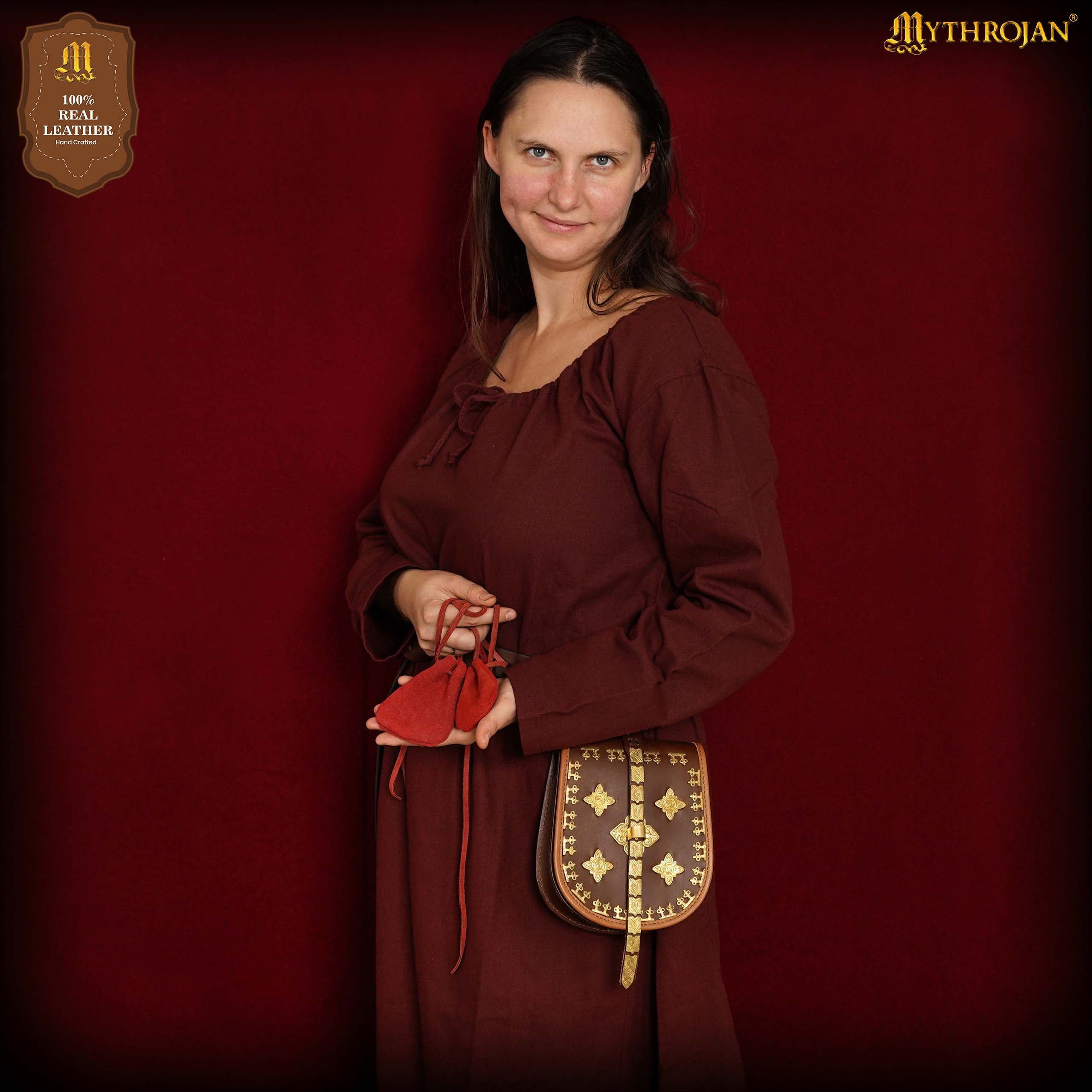 Mythrojan Pair of Medieval Drawstring Pouches, Ideal for SCA LARP Reenactment & Ren fair - Suede Leather, Red