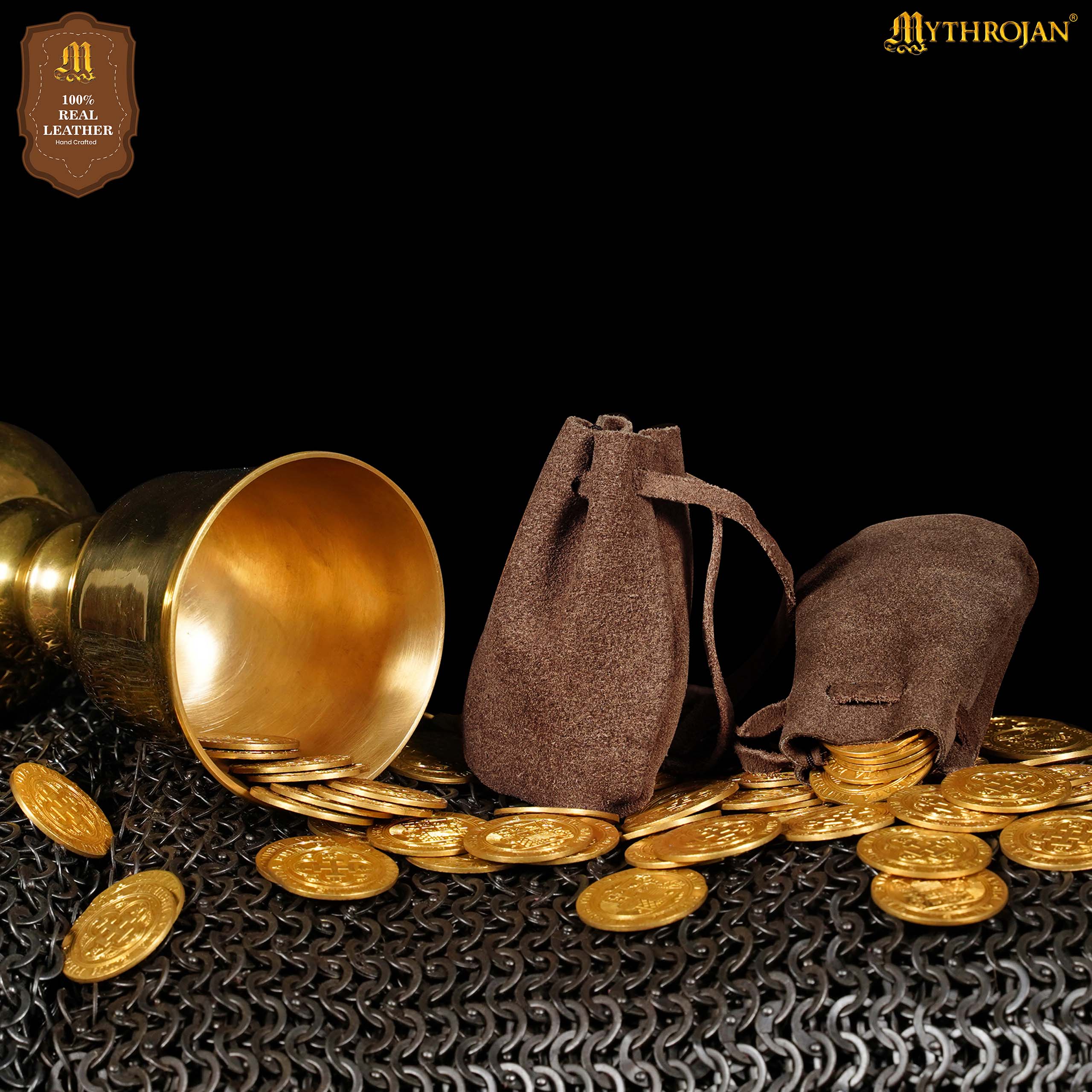 Mythrojan Pair of Medieval Drawstring Pouches, Ideal for SCA LARP reenactment & Ren fair-Suede Leather, Chocolate Brown
