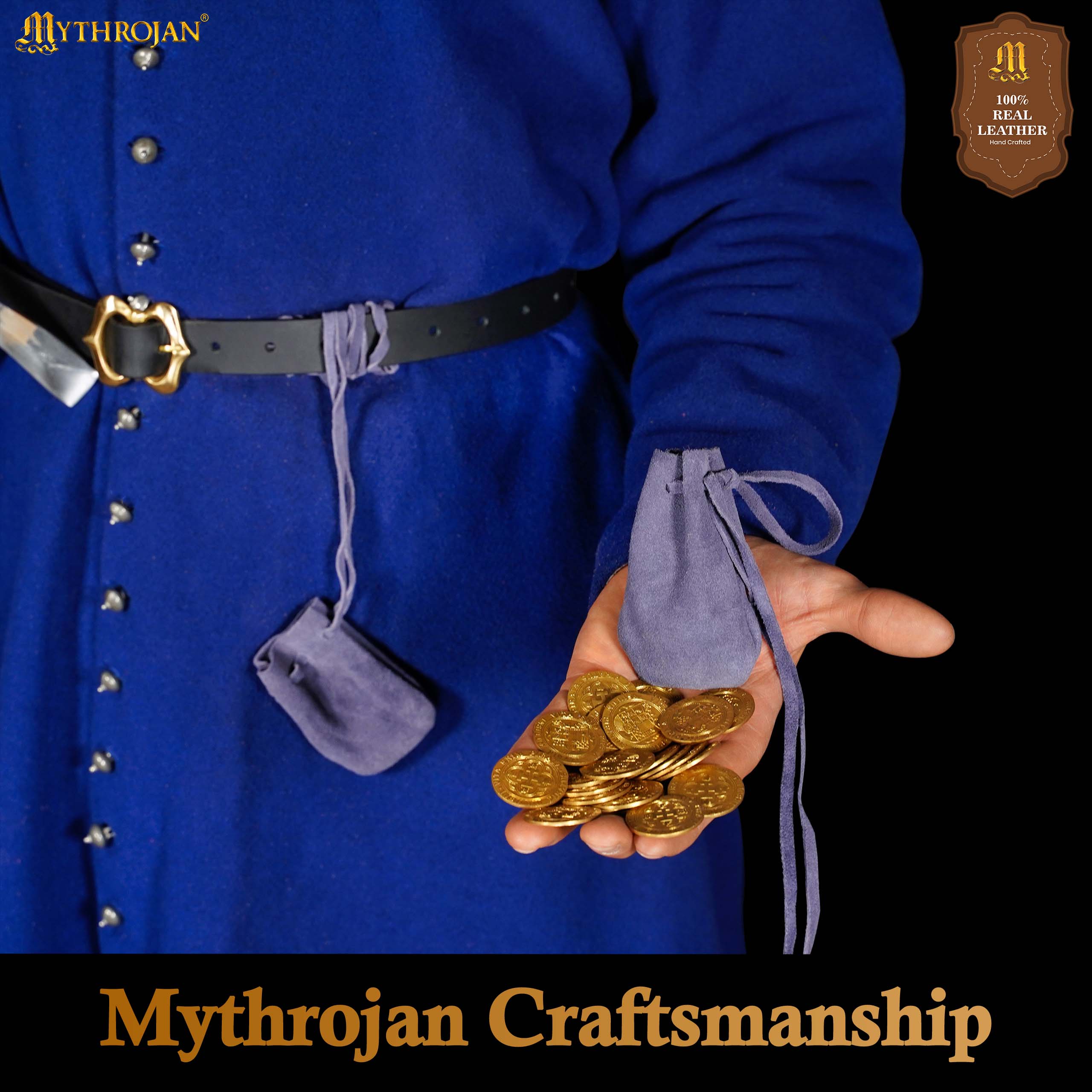 Mythrojan Pair of Medieval Drawstring Pouches, Ideal for SCA LARP Reenactment & Ren fair - Suede Leather, Dark Blue