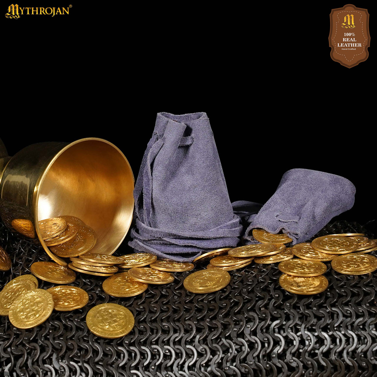 Mythrojan Pair of Medieval Drawstring Pouches, Ideal for SCA LARP Reenactment & Ren fair - Suede Leather, Yellow