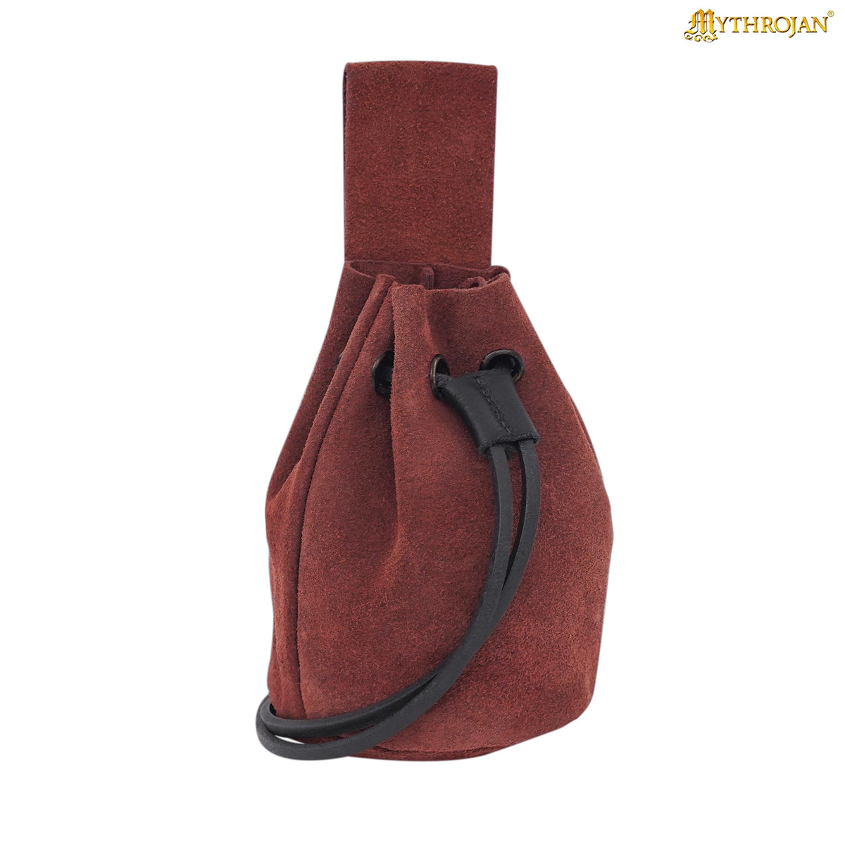 Mythrojan Medieval Drawstring Belt Bag, Ideal for SCA LARP Reenactment & Ren fair , Suede Leather , Black 6” ×5 ”