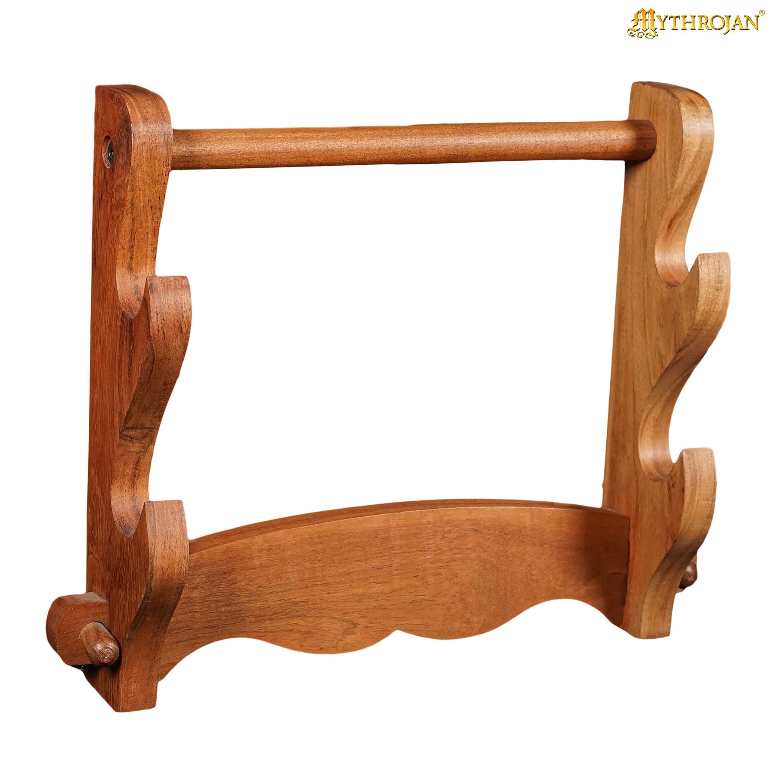 Mythrojan Solid Wood Sword Stand Medieval Sword Wall Mount Samurai Sword Display Stand Katana Sword Holder Gladiator Sword Wall Display Crusader Sword Stand Knife Stand for Display- Two Tier 15" x 12"