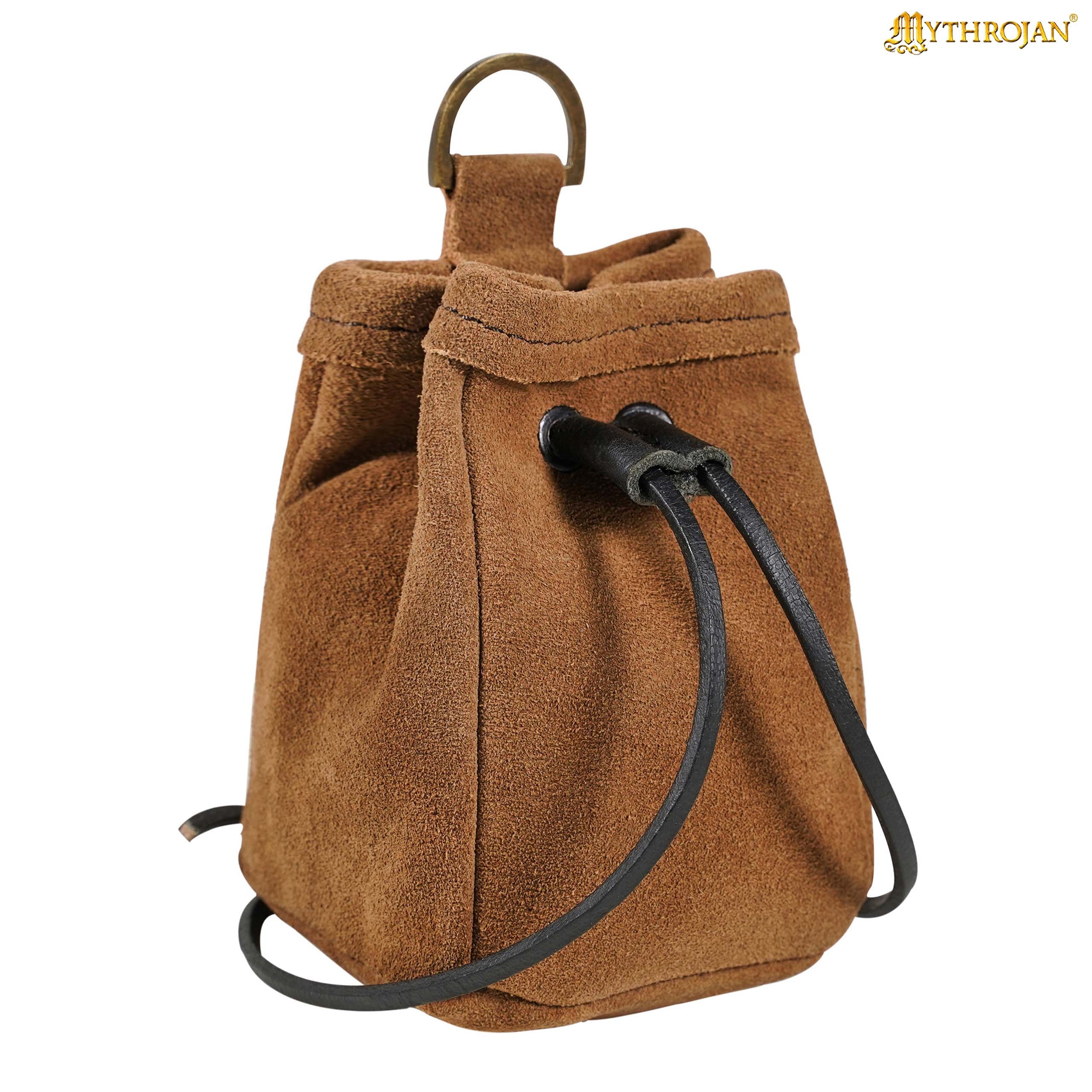Mythrojan Medieval Drawstring Belt Bag, ideal for SCA LARP reenactment & Ren fair, Suede Leather, Brown, 5”×4”