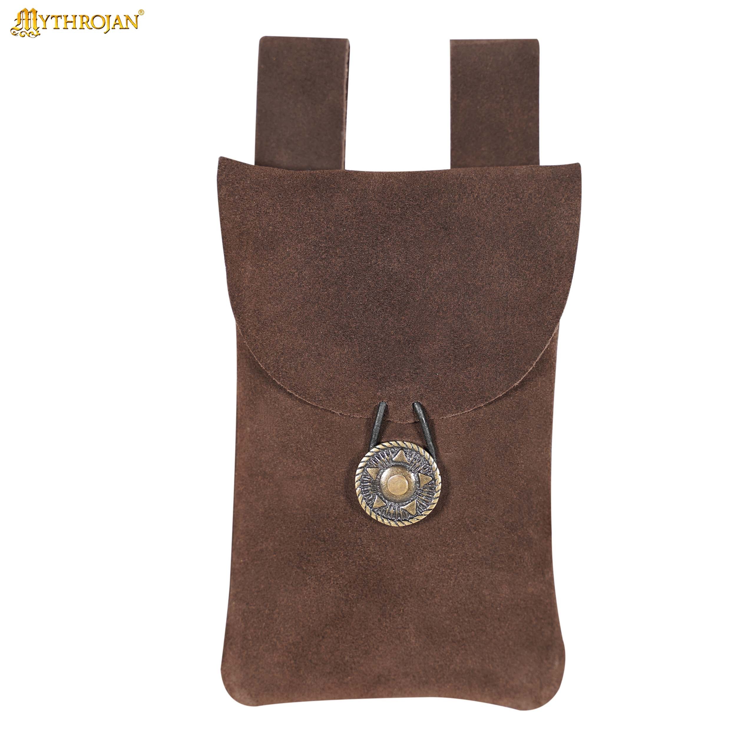 Mythrojan Suede Belt Bag, Ideal for SCA LARP Reenactment & Ren fair, Suede Leather, Chocolate Brown , 7.2 ”× 4.7 ”