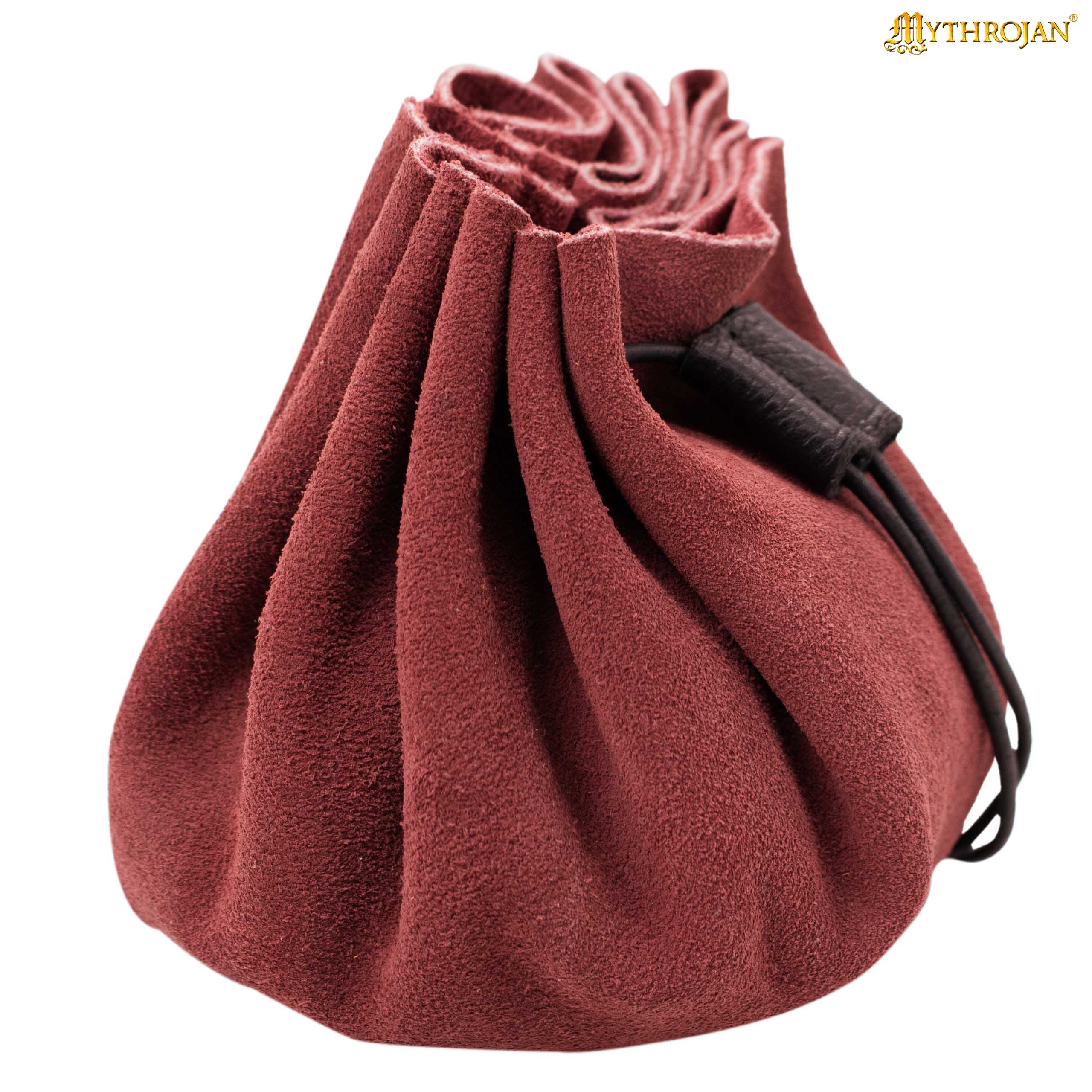 Mythrojan “ Gold and Dice ” Medieval Drawstring Bag, Ideal for SCA LARP Reenactment & Ren fair - Suede Leather Pouch, Wine Red 3.5"