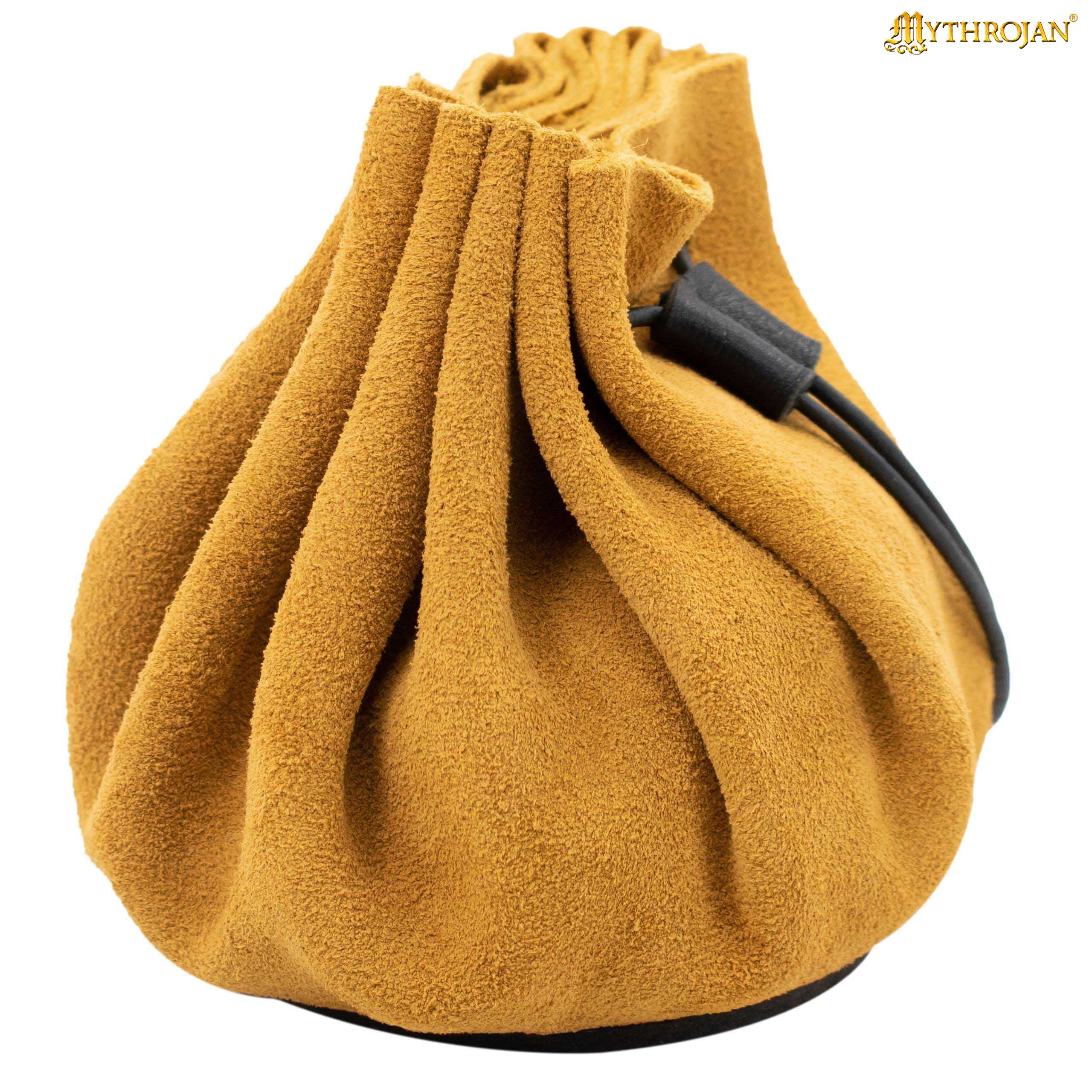 Mythrojan “ Gold and Dice ” Medieval Drawstring Pouch , Ideal for SCA LARP Reenactment & Ren fair : Suede Leather Bag , 3.5”