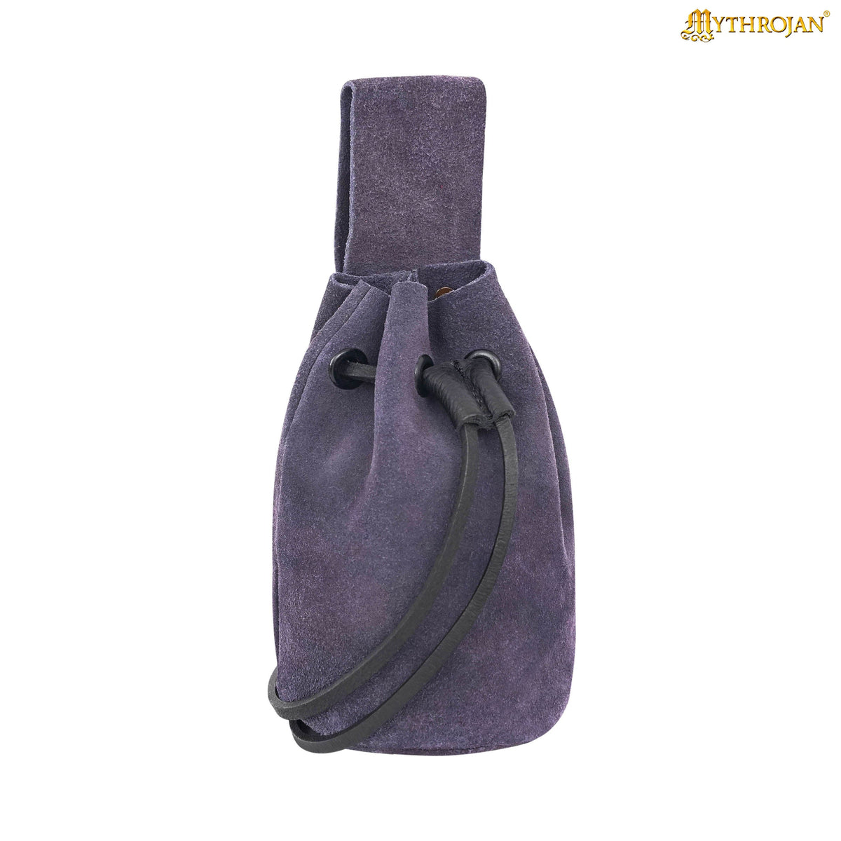 Mythrojan Medieval Drawstring Belt Bag, Ideal for SCA LARP Reenactment & Ren fair , Suede Leather , Black 6” ×5 ”