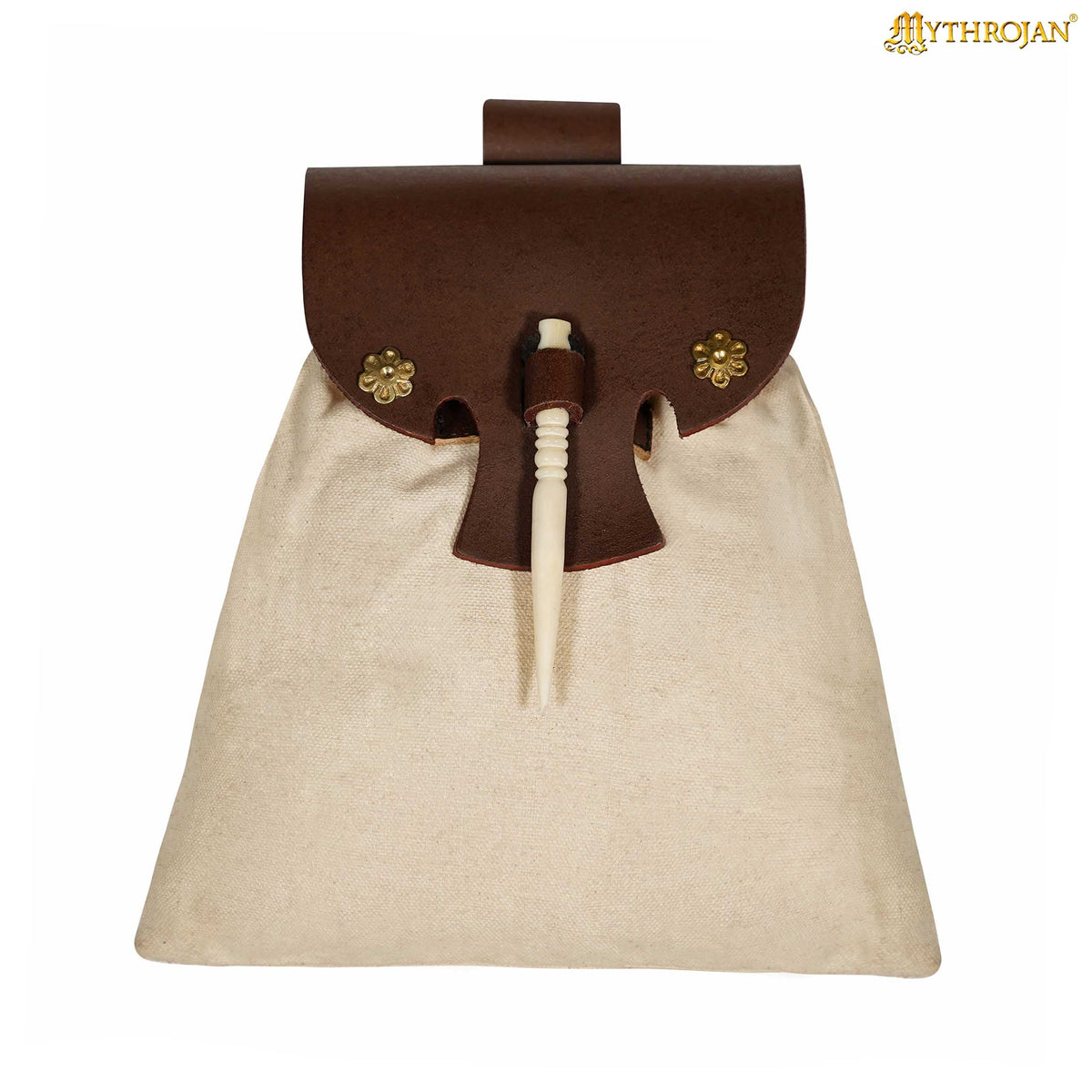 Mythrojan “Gold and Dice” Medieval Fantasy Belt Bag with Bone Needle Closure, Ideal for SCA LARP reenactment & Ren fair, Brown, 7”×7”