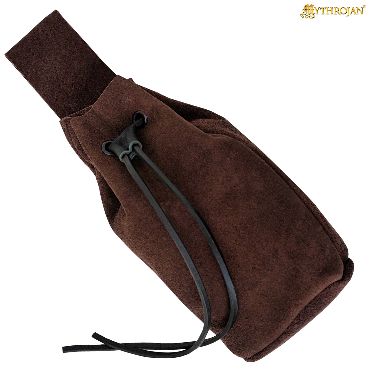 Mythrojan Medieval Drawstring Belt Bag, Ideal for SCA LARP Reenactment & Ren fair , Suede Leather , Wine Red 8” ×6.5 ”