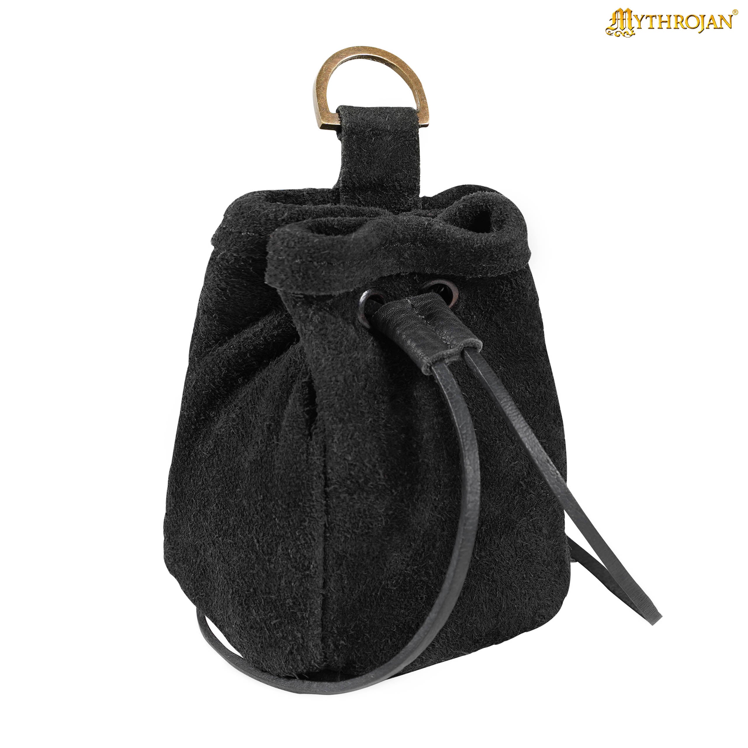 Mythrojan Medieval Drawstring Belt Bag, Ideal for SCA LARP Reenactment & Ren fair , Suede Leather , Black