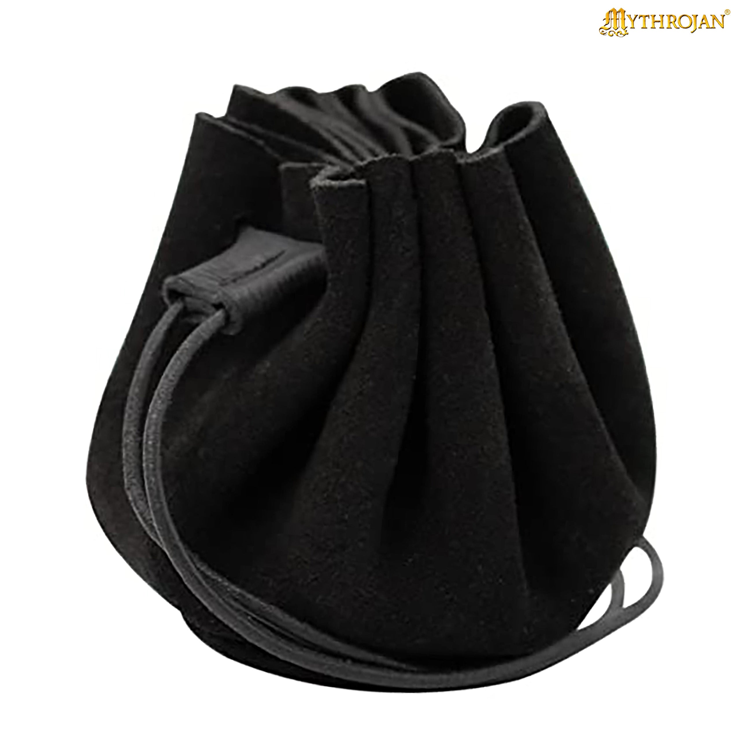 Mythrojan “Gold and Dice” Medieval Drawstring Bag, Ideal for SCA LARP Reenactment & Ren Fair-Suede Leather Pouch, Deep Black 2.5”