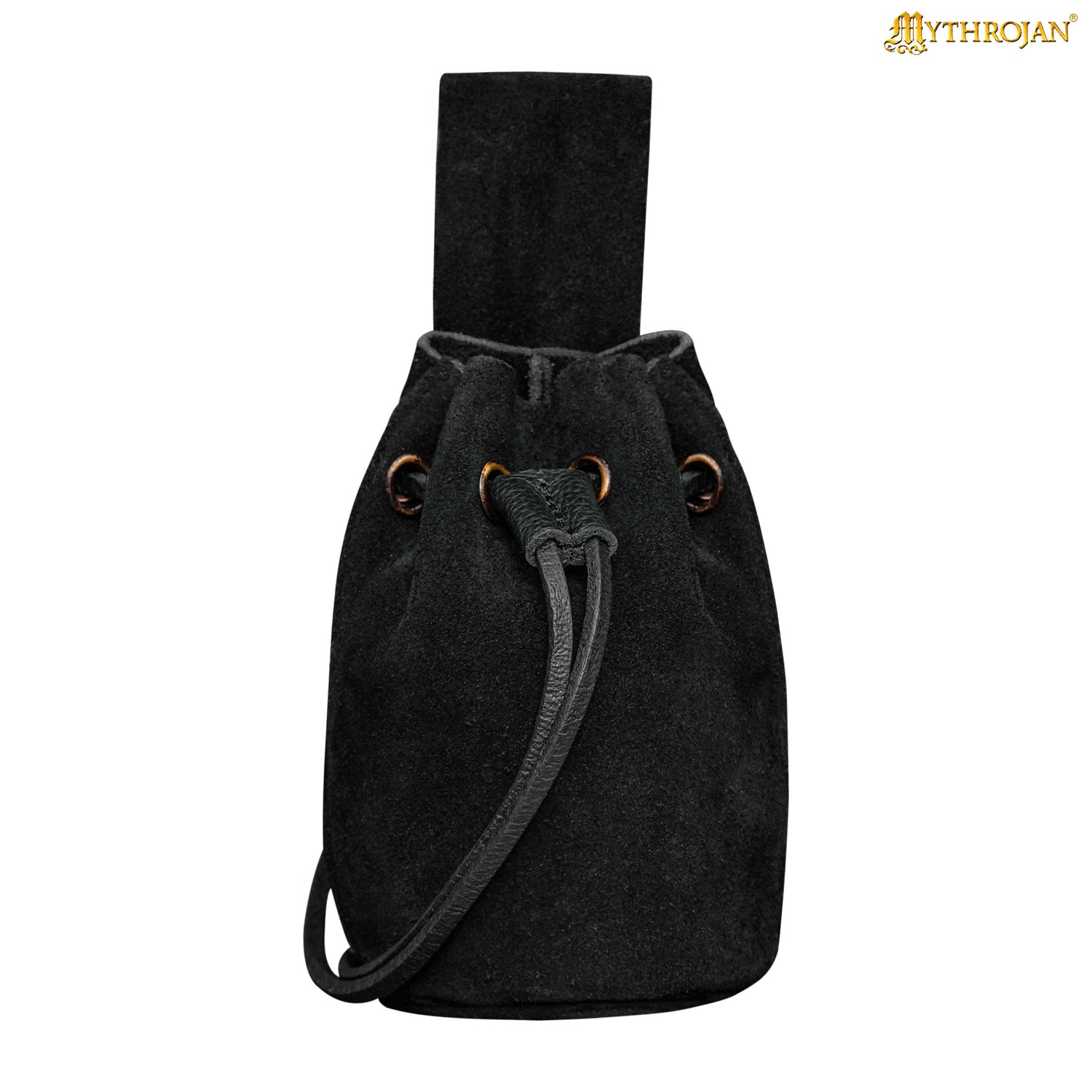 Mythrojan Medieval Drawstring Belt Bag, Ideal for SCA LARP Reenactment & Ren fair , Suede Leather , Black 6” ×5 ”