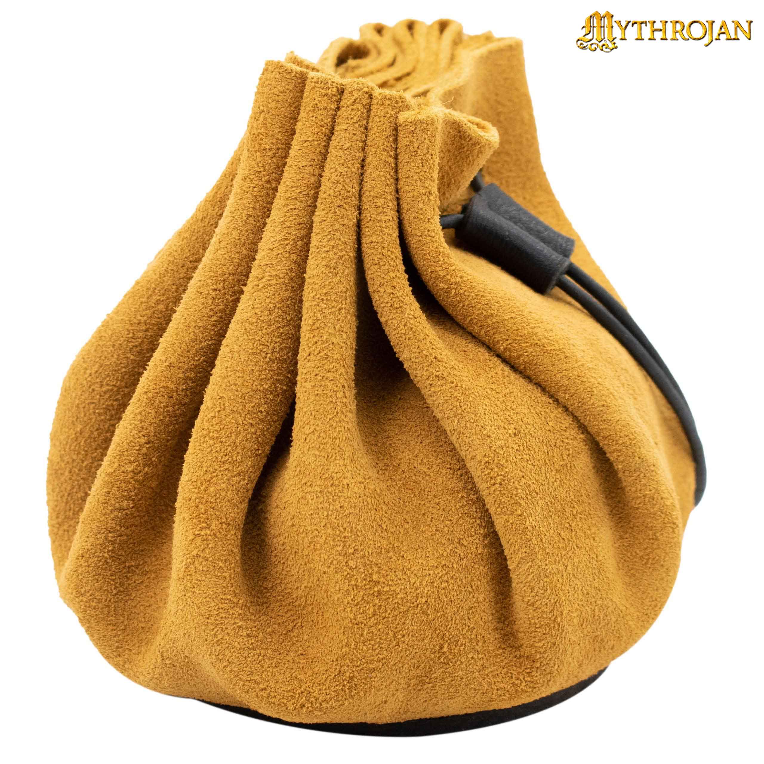 Mythrojan “ Gold and Dice ” Medieval Drawstring Pouch , Ideal for SCA LARP Reenactment & Ren fair : Suede Leather Bag , 2.5"