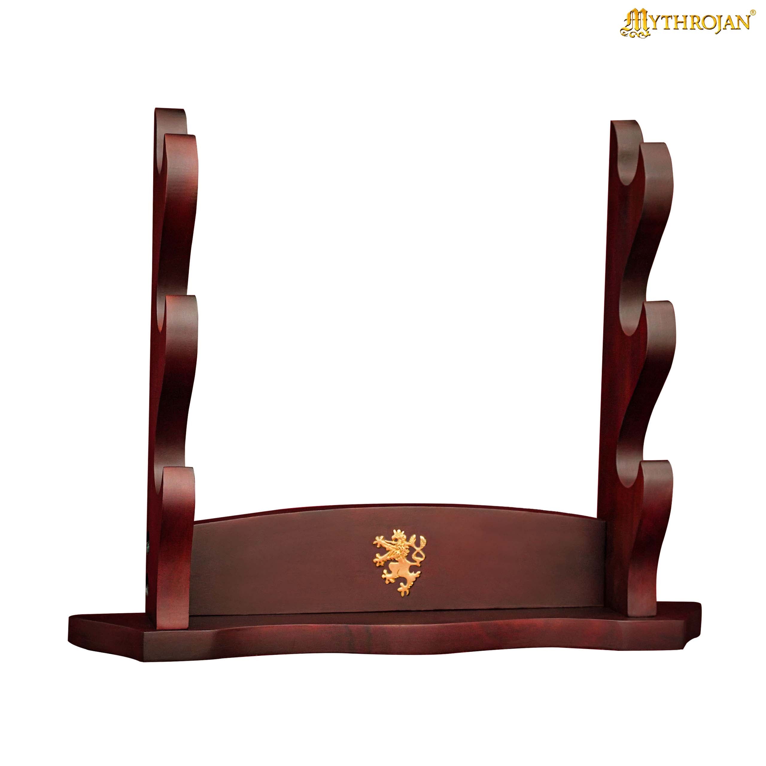 Mythrojan Solid Wood Sword Stand Medieval Sword Wall Mount Samurai Sword Display Stand Katana Sword Holder Gladiator Sword Wall Display Crusader Sword Stand Knife Stand for Display - Three Tier Sand 17" x 14"