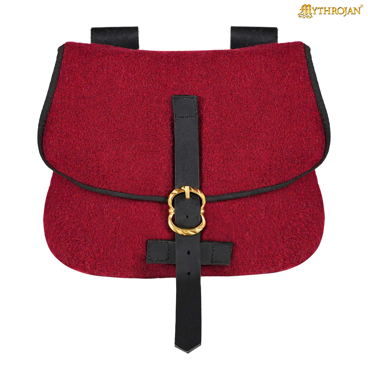 Mythrojan Late Medieval Belt Bag, Ideal for SCA LARP Reenactment & Ren fair, Full Grain Leather and Wool , Green , 6.2 ”× 7 ”