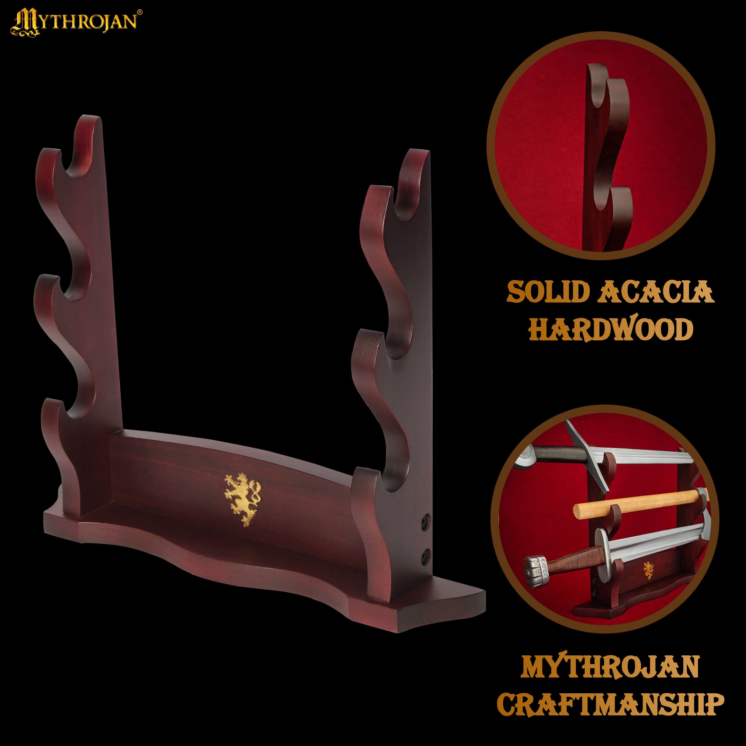 Mythrojan Solid Wood Sword Stand Medieval Sword Wall Mount Samurai Sword Display Stand Katana Sword Holder Gladiator Sword Wall Display Crusader Sword Stand Knife Stand for Display - Three Tier Sand 17" x 14"