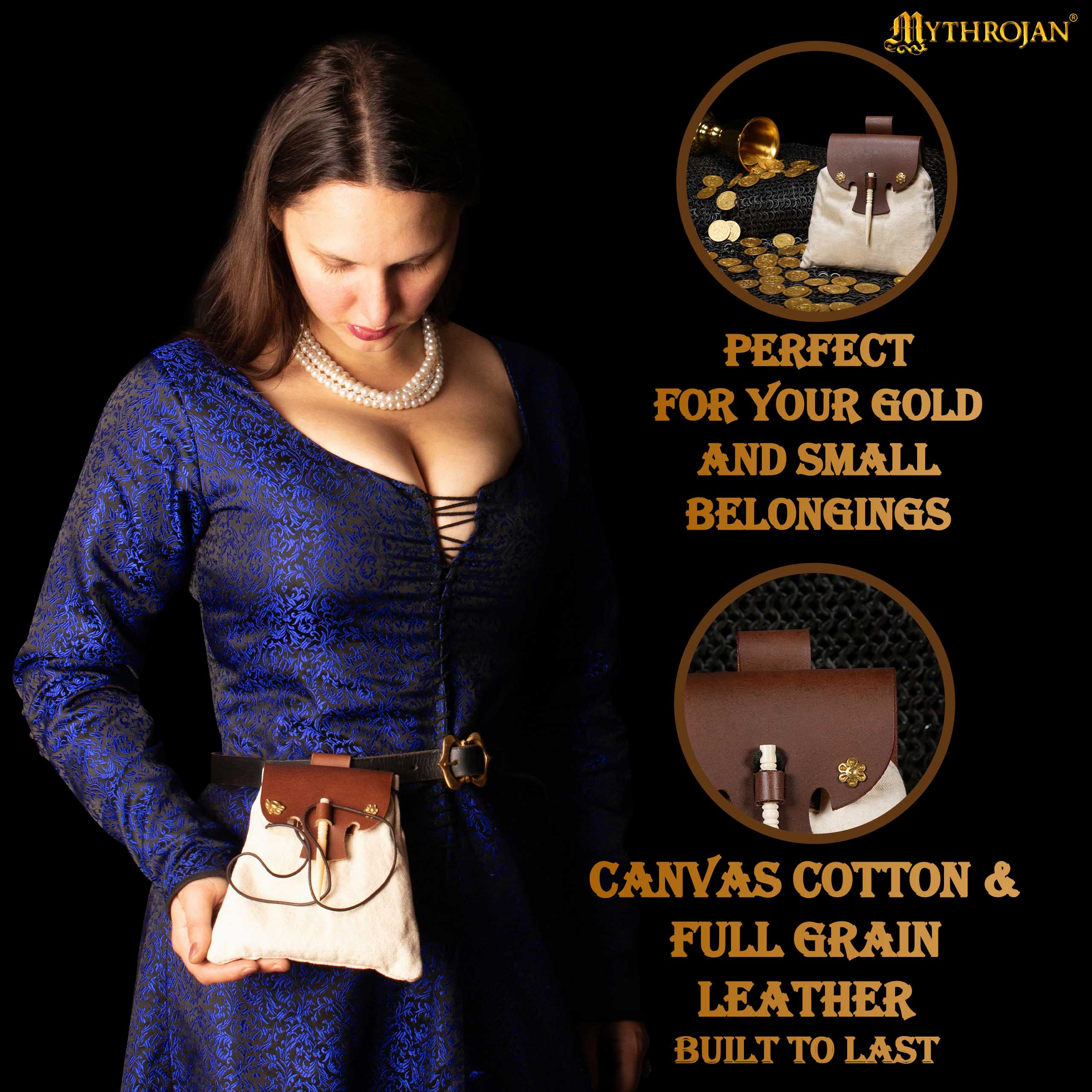 Mythrojan “Gold and Dice” Medieval Fantasy Belt Bag with Bone Needle Closure, Ideal for SCA LARP Reenactment & Ren fair, Brown and Ecru, 7”×7”