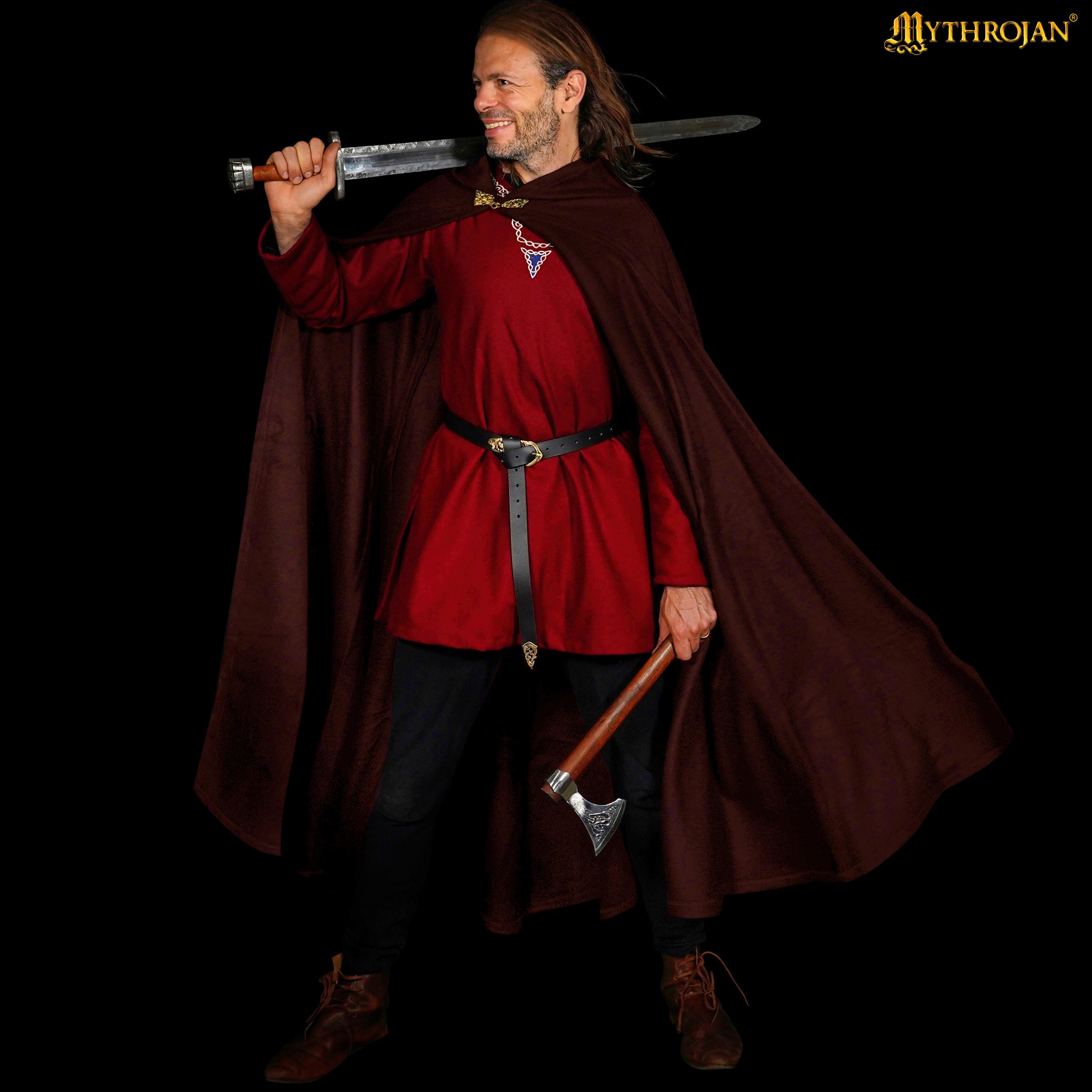 Mythrojan Woolen Hooded Cloak with Delicate Brass Brooch Medieval Wool Cape