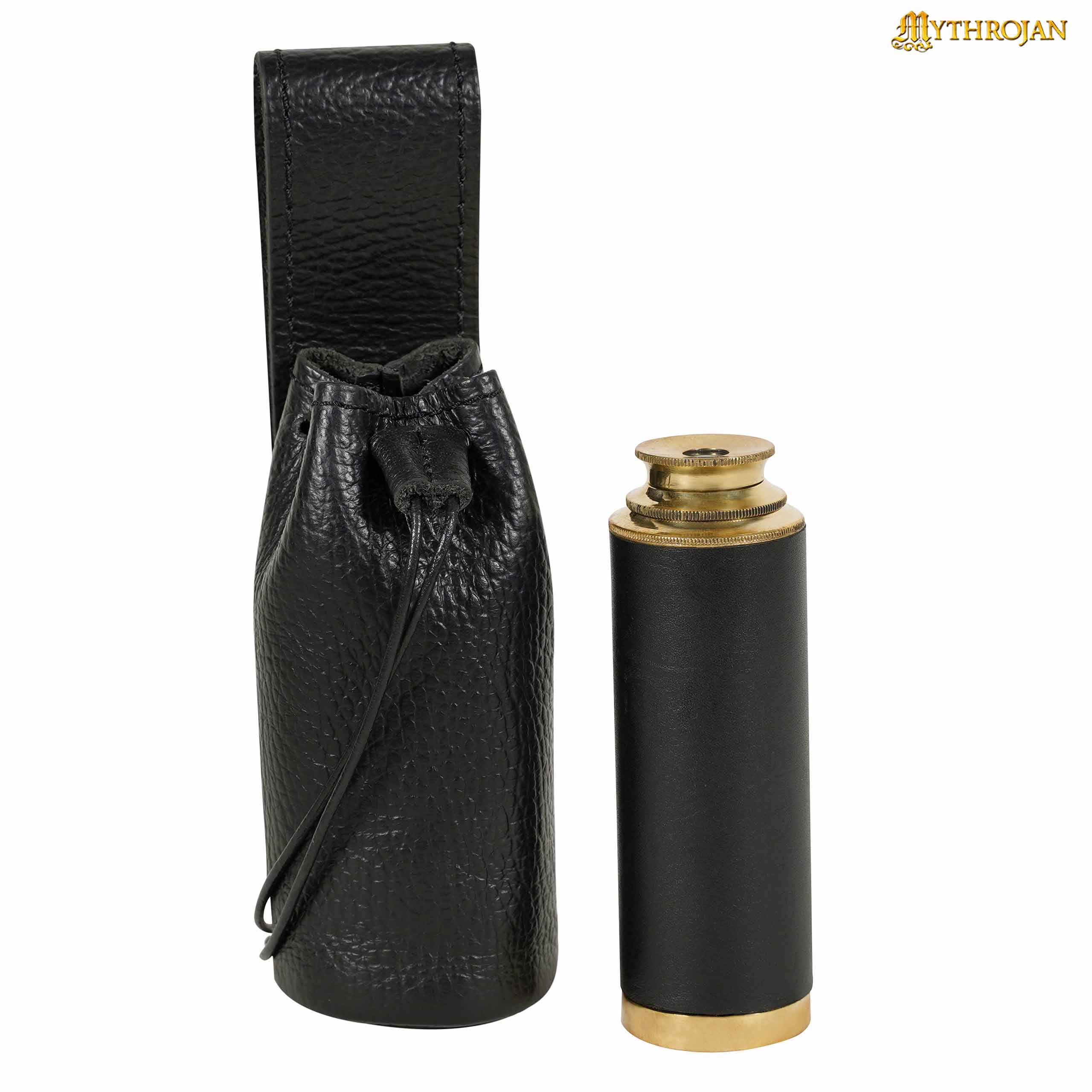 Mythrojan Pirate’s Spyglass Drawstring Belt Pouch, Ideal for Pirate cutthroat Cosplay SCA LARP, Full Grain Leather, Black, Small