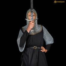 mythrojan-medieval-chainmail-coif-butted-mild-steel-and-solid-brass-medieval-sca-reenactments-medieval-events-zinc-plated-with-solid-brass-edges-l