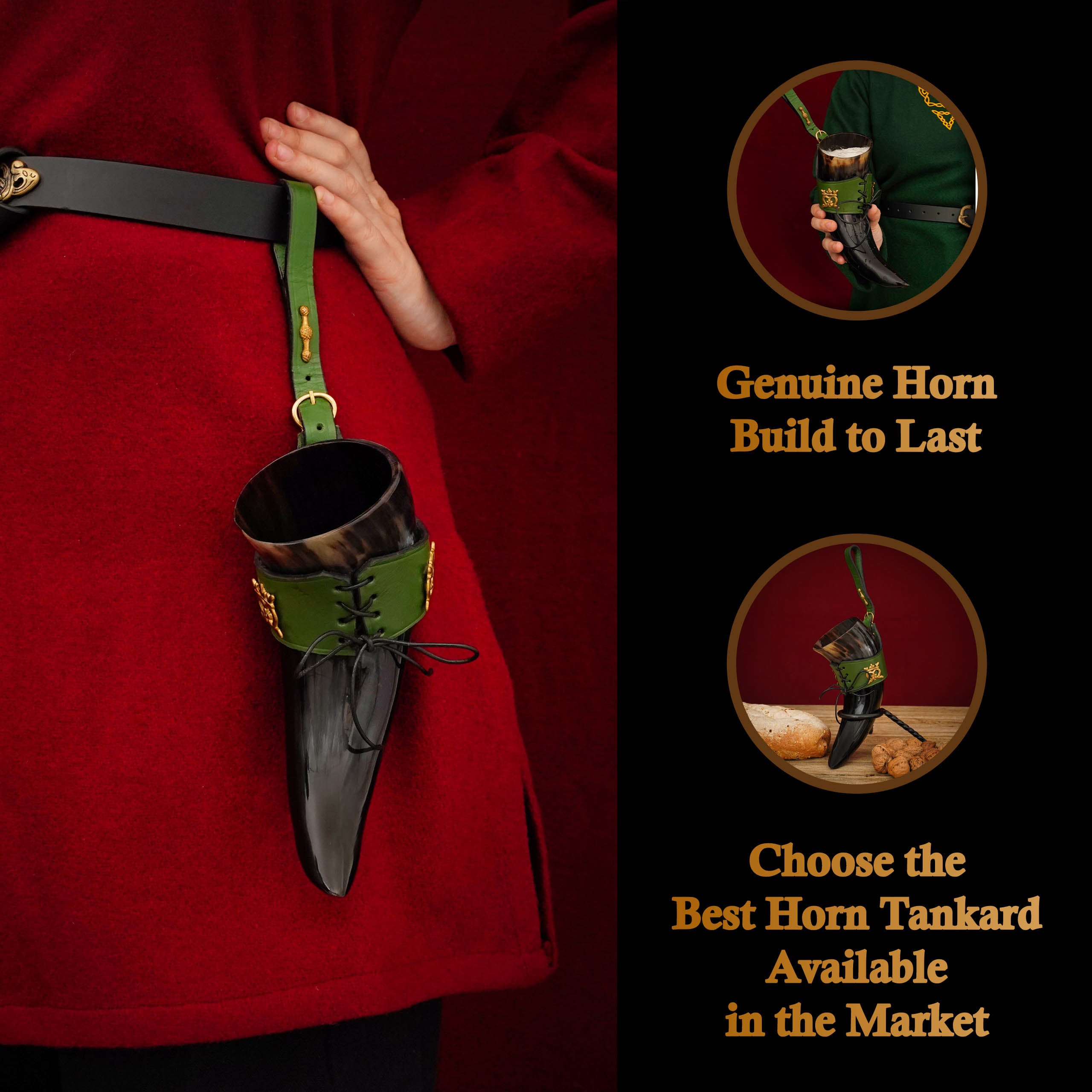 Mythrojan"THE ELEGANT LADY" Viking Drinking Horn with Leather Holder Authentic Medieval Inspired Viking Wine/Mead Mug - Polished Finish - 250 ML / Green