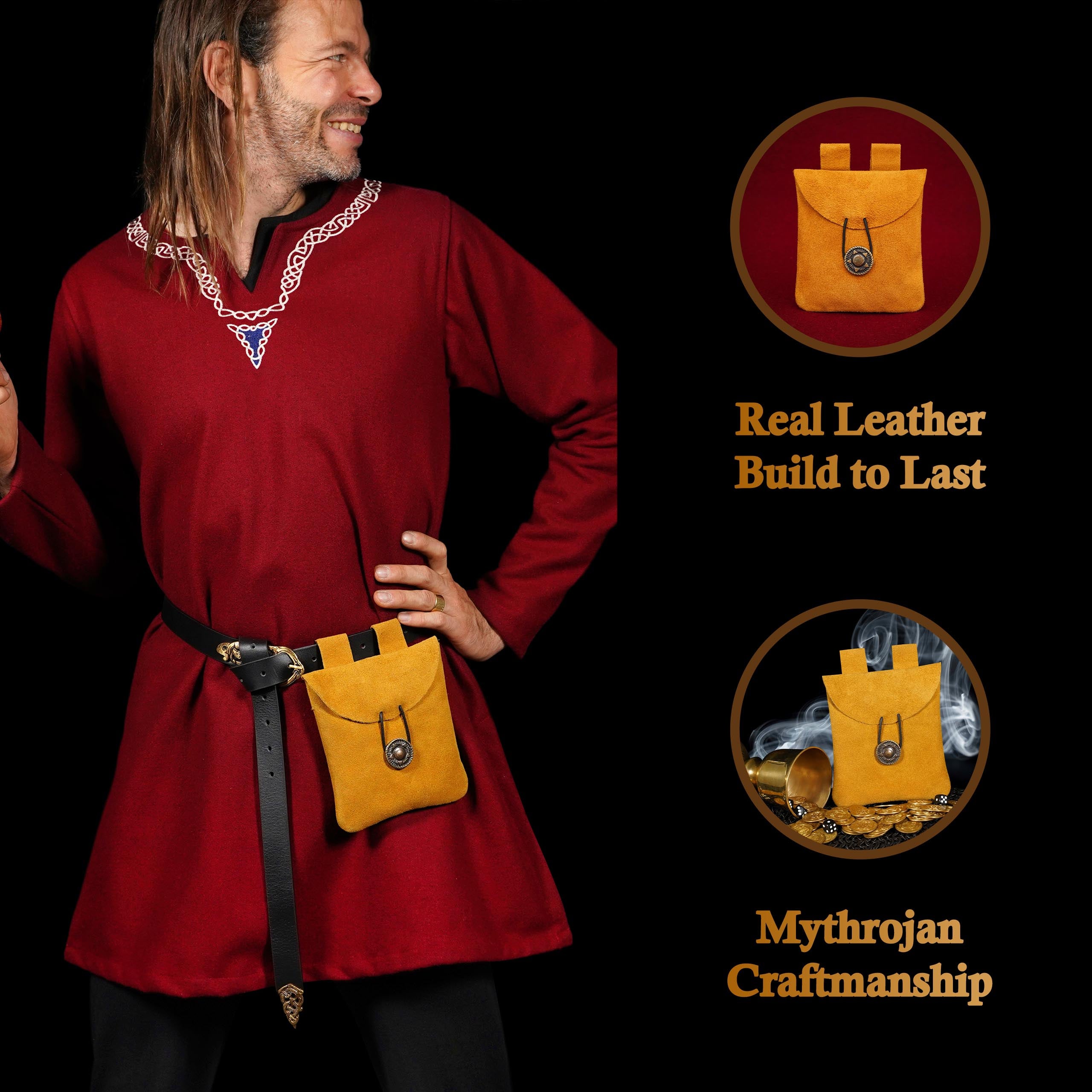 Mythrojan Suede Belt Bag, Ideal for SCA LARP Reenactment & Ren fair, Suede Leather, Yellow , 5 .5”× 5.1 ”