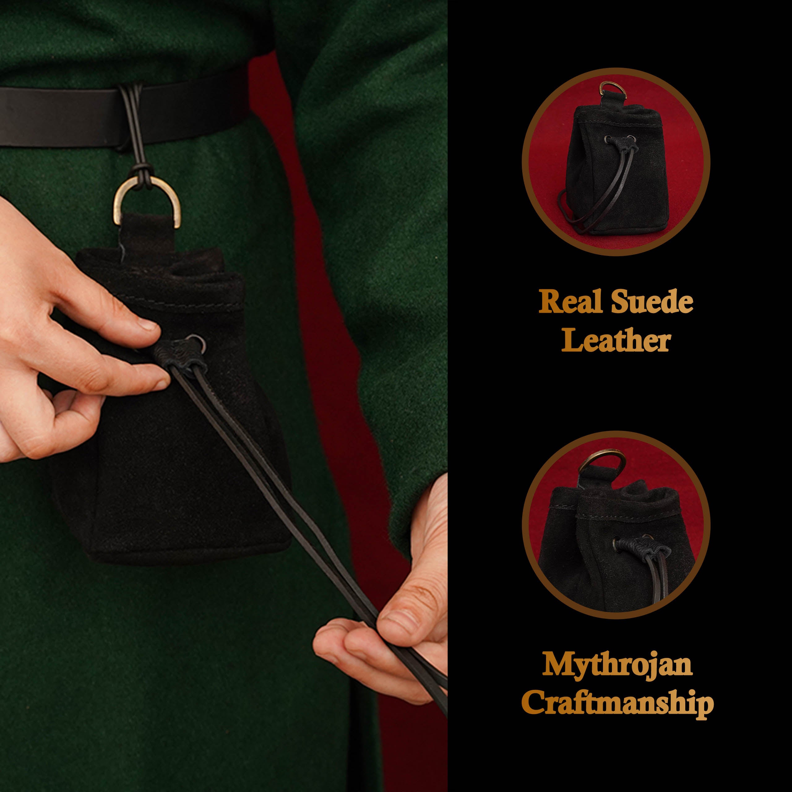 Mythrojan Medieval Drawstring Belt Bag, Ideal for SCA LARP Reenactment & Ren fair , Suede Leather , Black