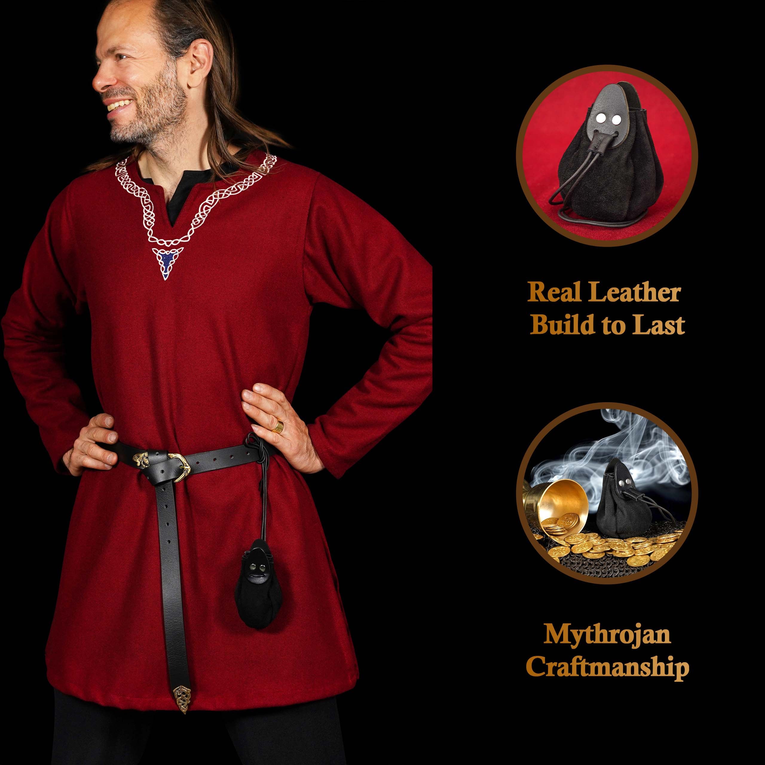 Mythrojan “Gold and Dice” Drawstring Pouch, Ideal for SCA LARP Reenactment & Ren fair - Suede Leather Pouch, Black, 4