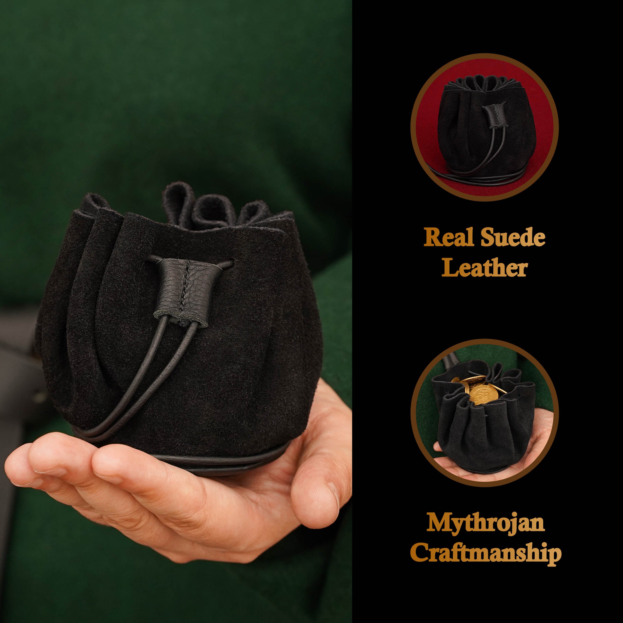 Mythrojan “Gold and Dice” Medieval Drawstring Bag, Ideal for SCA LARP Reenactment & Ren Fair-Suede Leather Pouch, Deep Black 2.5”