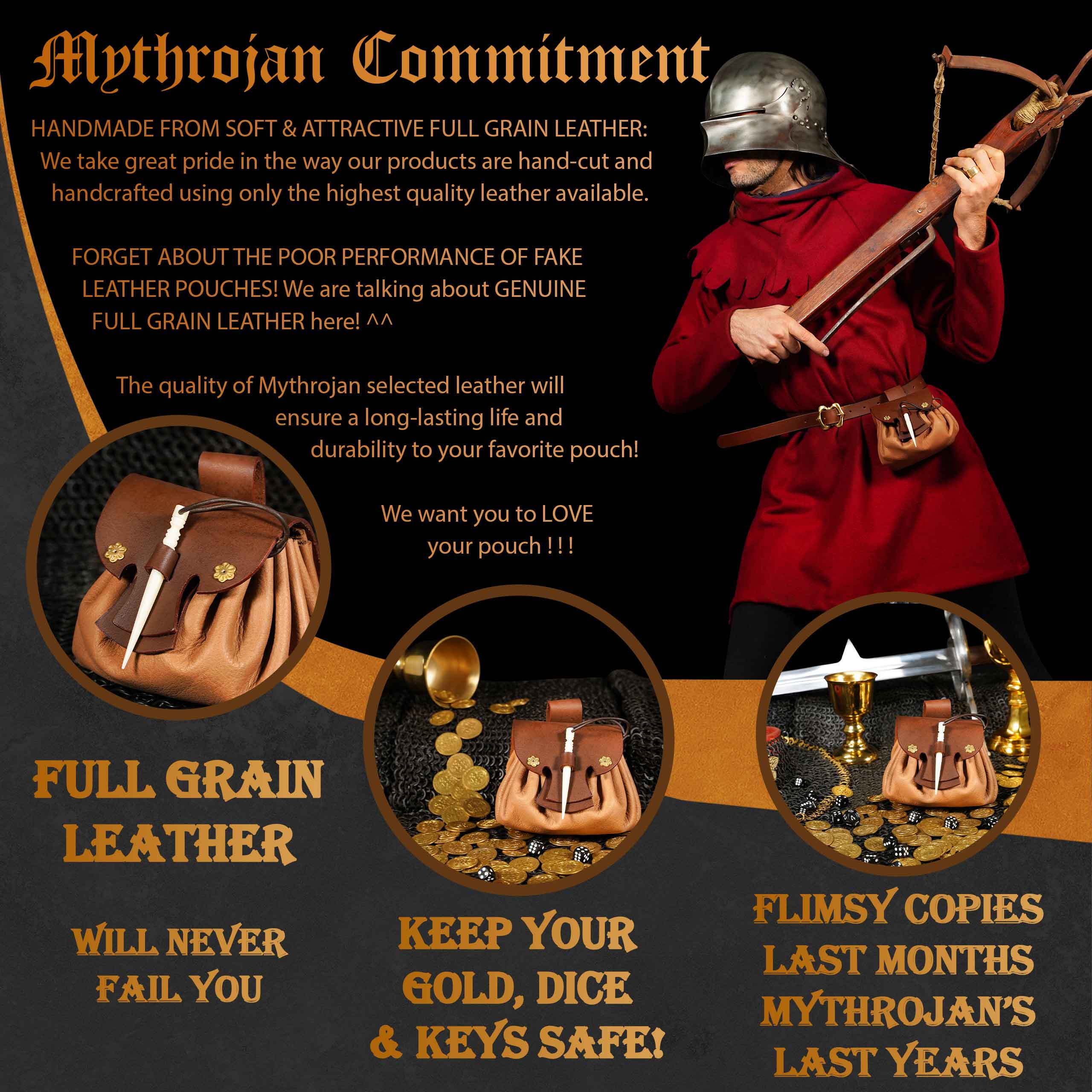 Mythrojan “Gold and Dice” Medieval Fantasy Belt Bag with Bone Needle Closure, Ideal for SCA LARP Reenactment & Ren fair, Brown, 3.5”