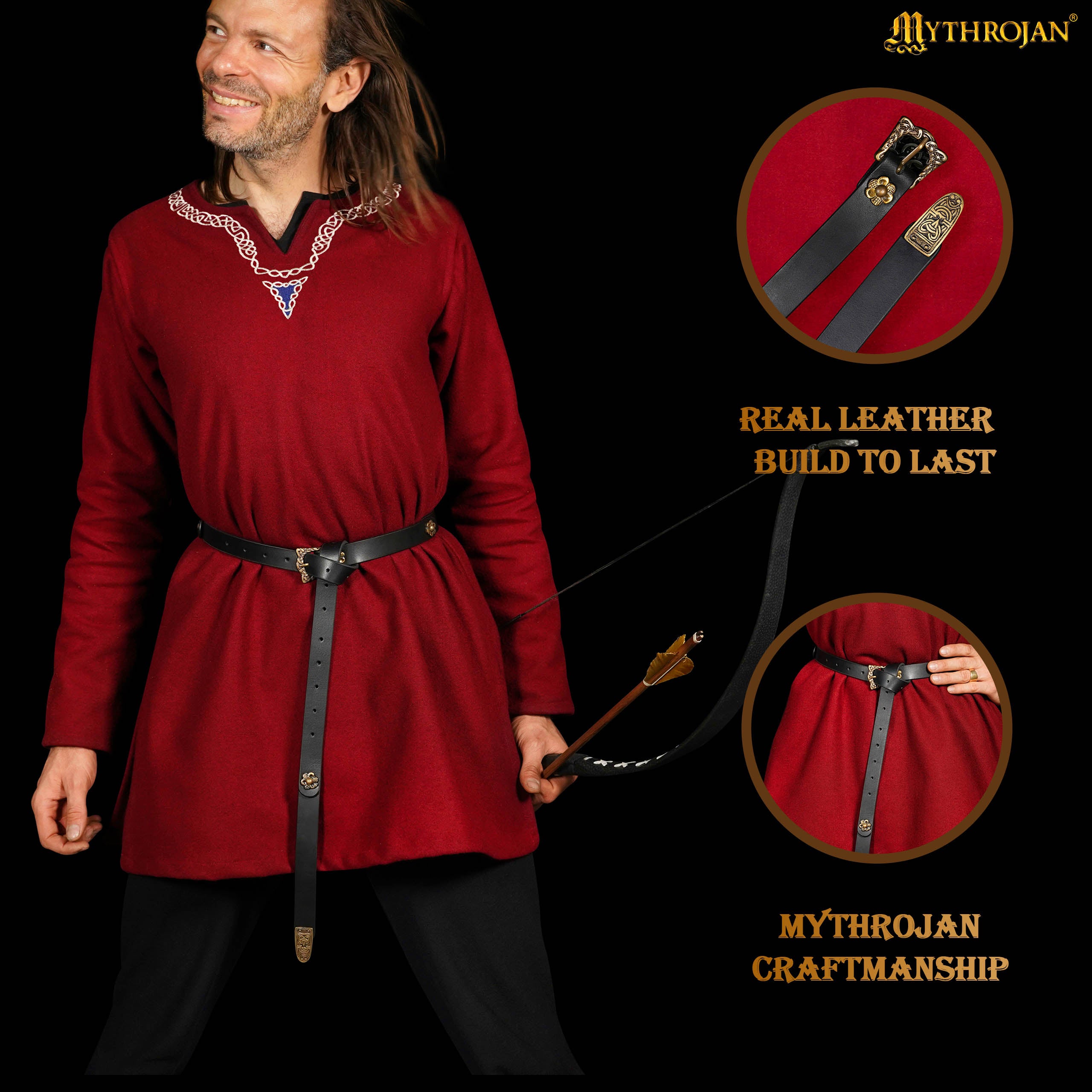 Mythrojan “Laguerta” Viking Leather Belt with Solid Brass historical Buckle and Chape, Ideal for shieldmaiden & warrior in LARP SCA Medieval Reenactment, BLACK