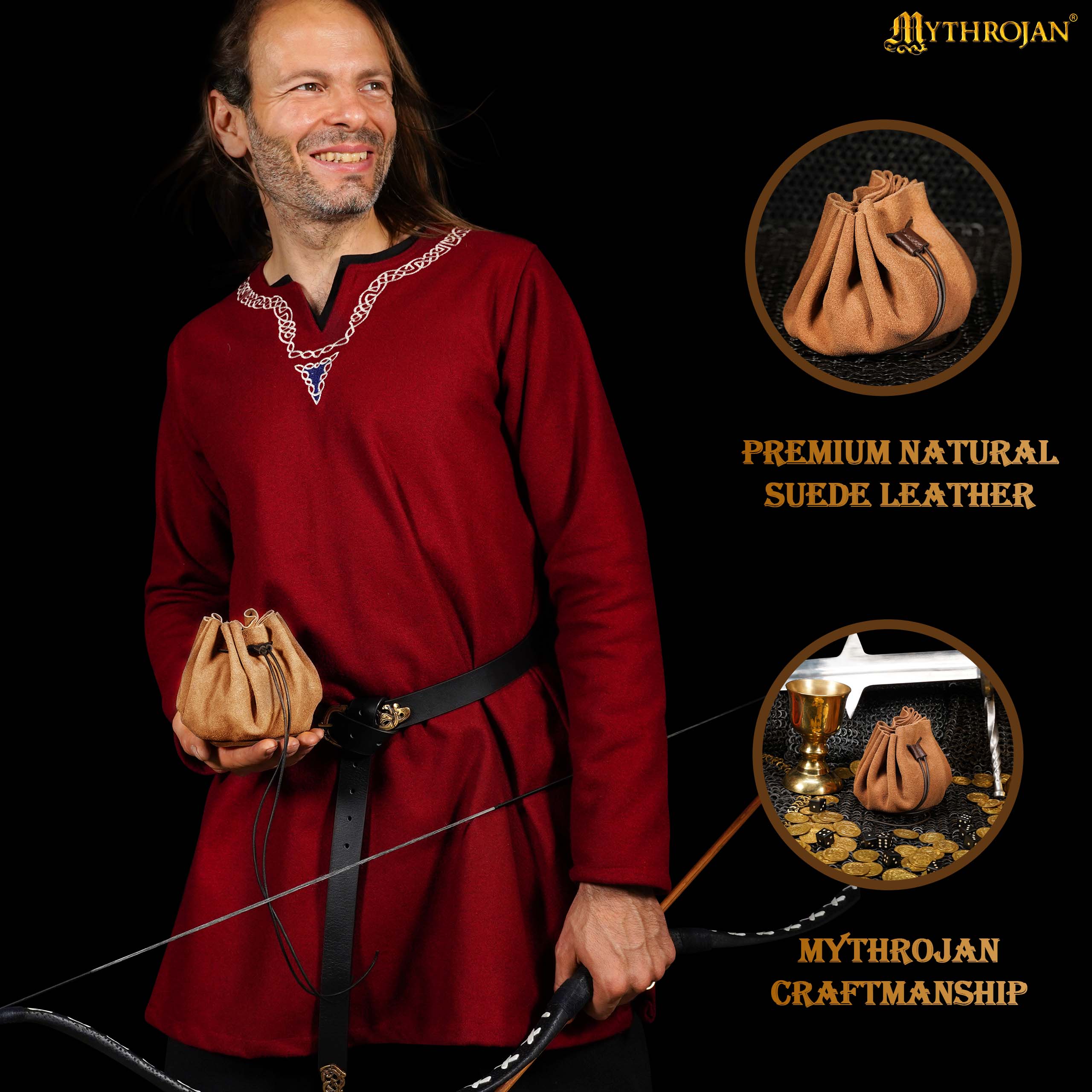 Mythrojan “ Gold and Dice ” Medieval Drawstring Bag, Ideal for SCA LARP Reenactment & Ren fair - Suede Leather Pouch, Brown 3.5