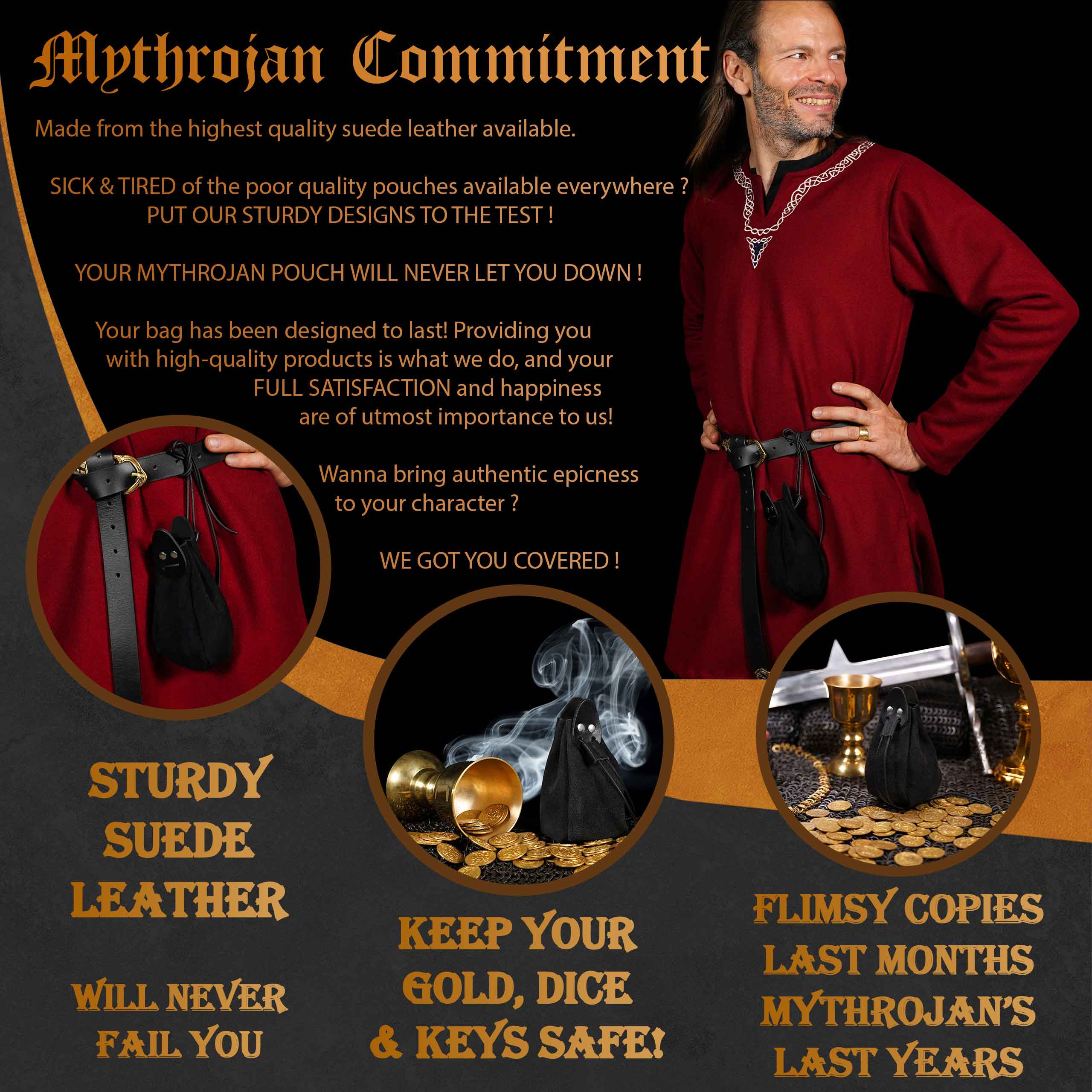 Mythrojan “Gold and Dice” Drawstring Pouch, Ideal for SCA LARP Reenactment & Ren fair - Suede Leather Pouch, Black , 6 ”