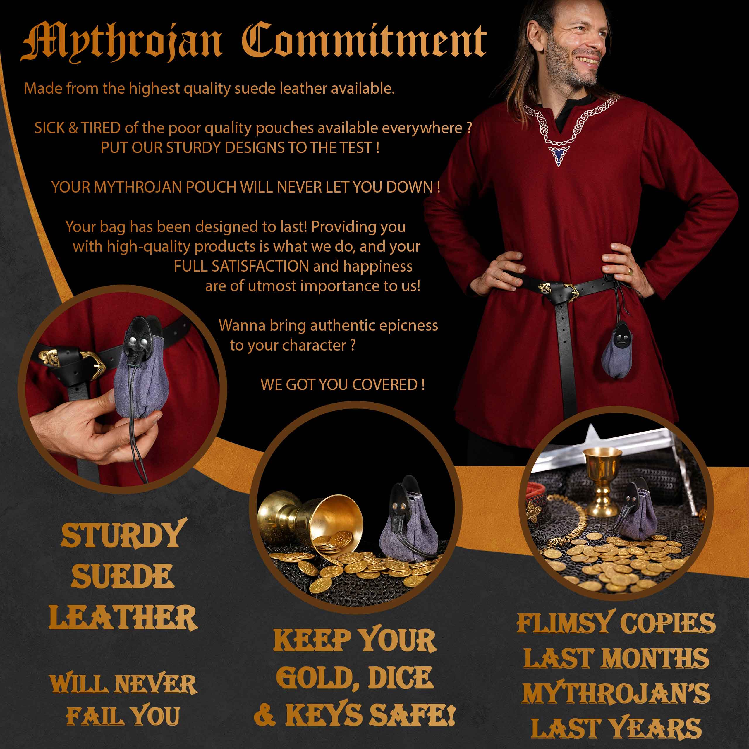 Mythrojan “Gold and Dice” Drawstring Pouch, ideal for SCA LARP reenactment & Ren fair-Suede Leather Pouch, Black and Dark Blue, 4”