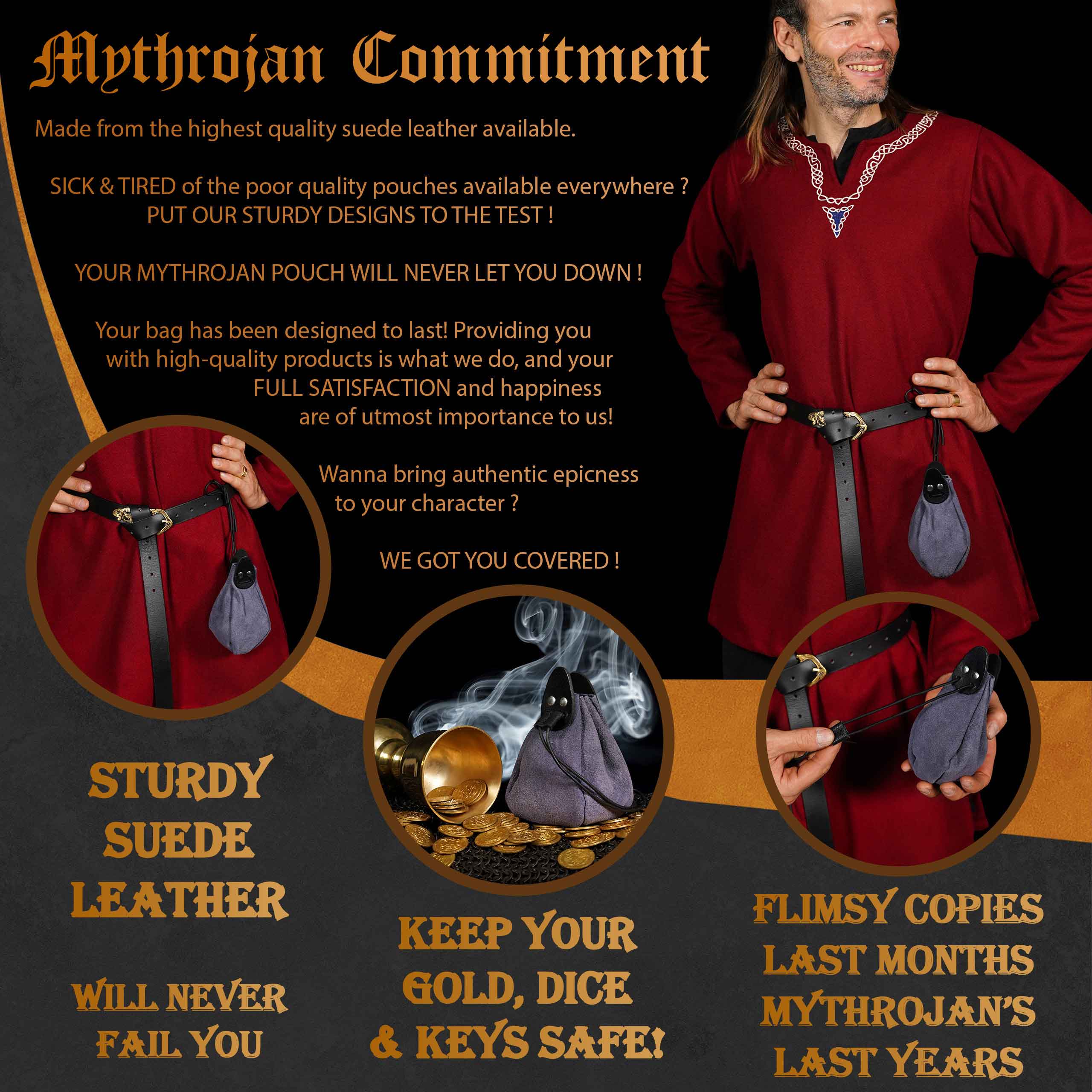 Mythrojan “Gold and Dice” Drawstring Pouch, ideal for SCA LARP reenactment & Ren fair-Suede Leather Pouch, Black and Dark Blue, 6